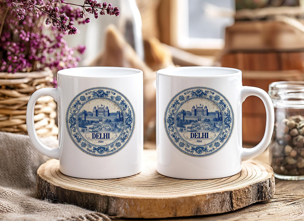 Delhi India Mug, Custom Delft Style cup, Personalized Vintage Travel City Gift