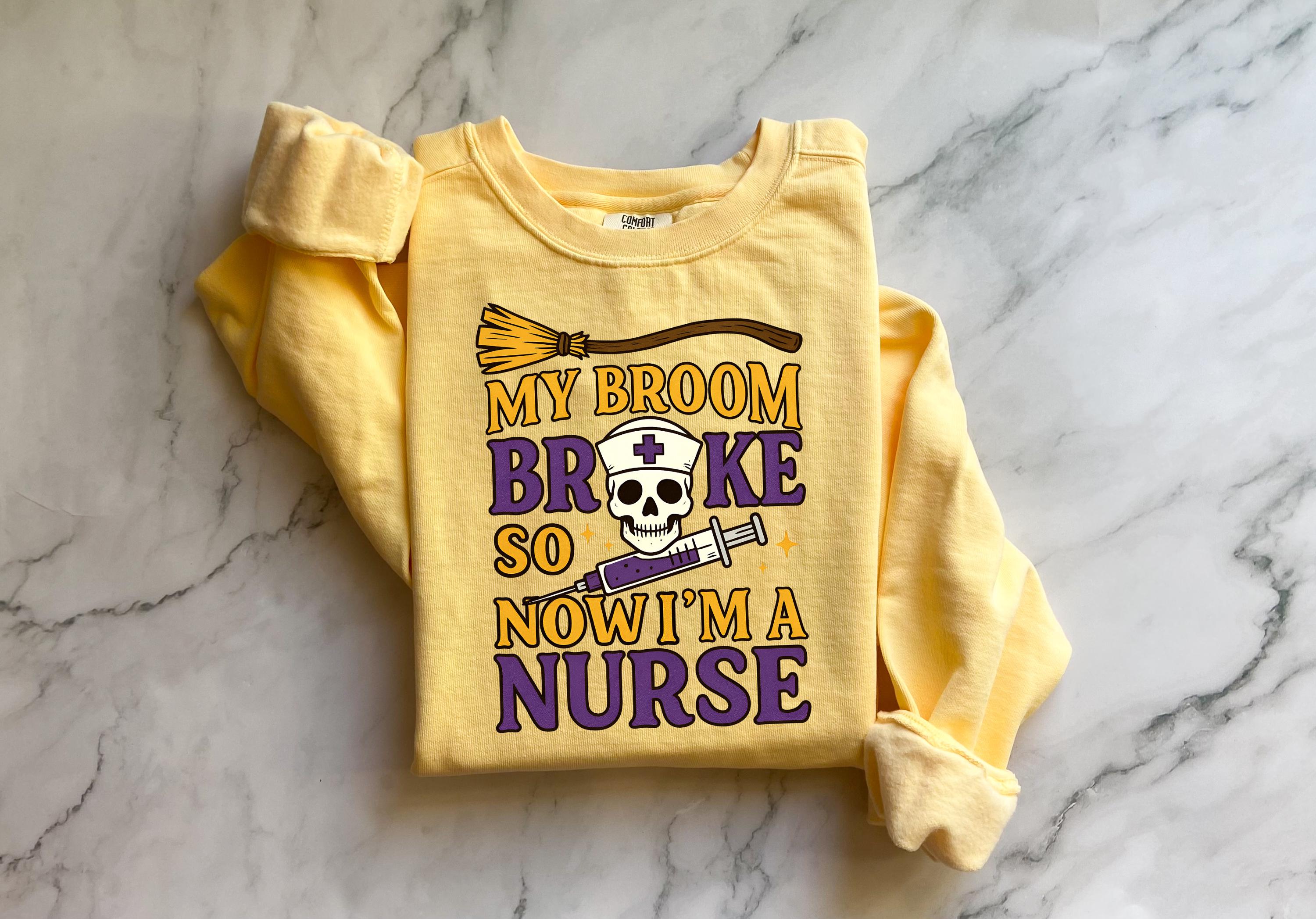 My Broom Broke So I am a nurse Halloween Nurse Sweatshirt, Spooky RN Fall Top Cozy Autumn Pullover, Cute Retro Gift for Nurse