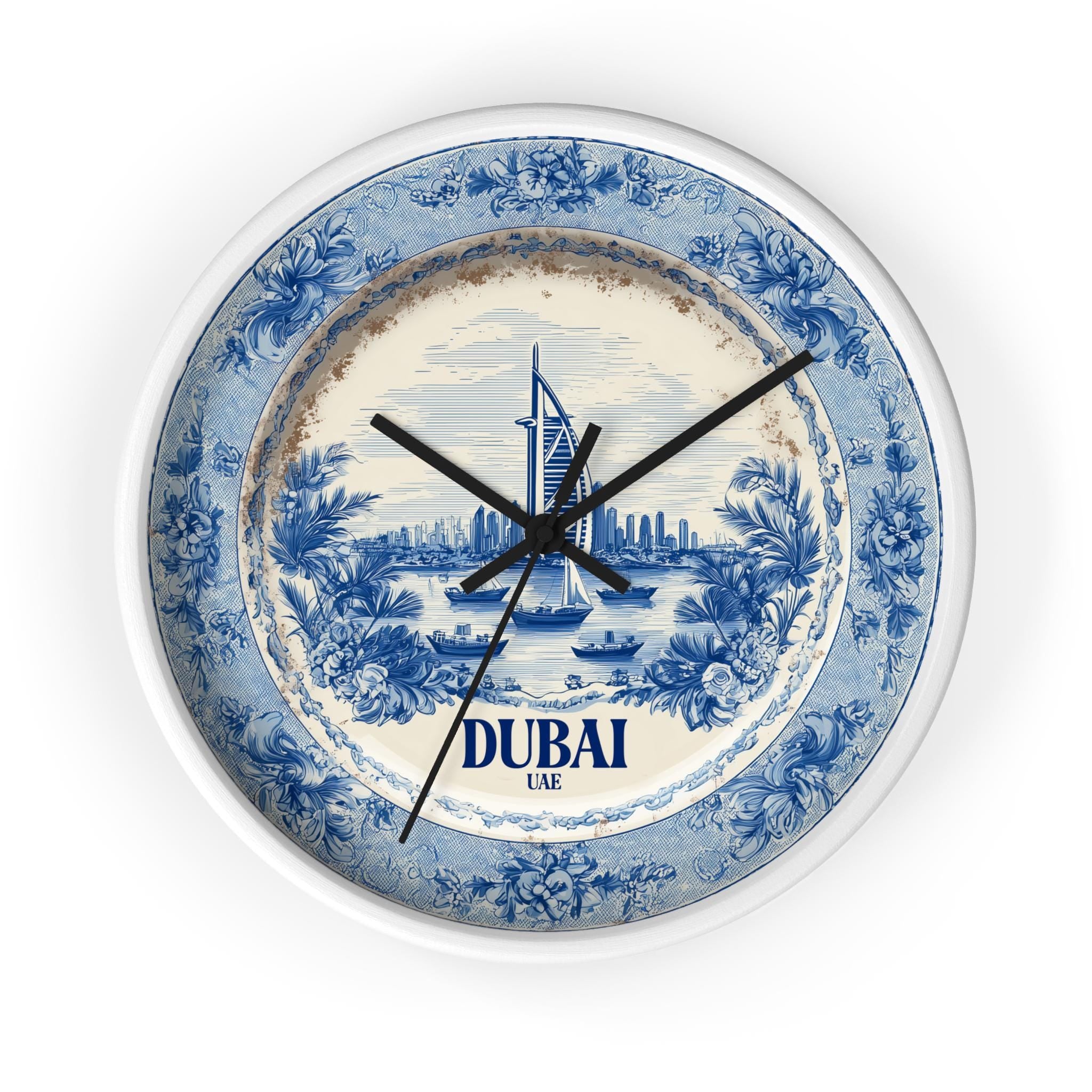 Dubai UAE Wall Clock, Delf style Home Decor, Vintage City Travel Keepsake Art