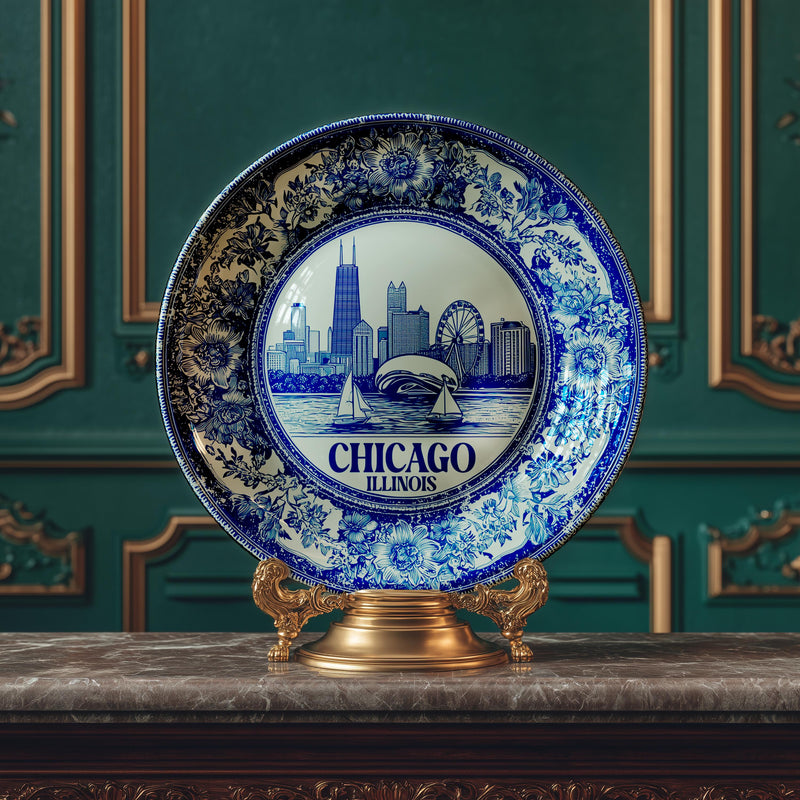 Chicago Decorative Plate, Delft Vintage Home Decor Personalized Gift Travel Housewarming