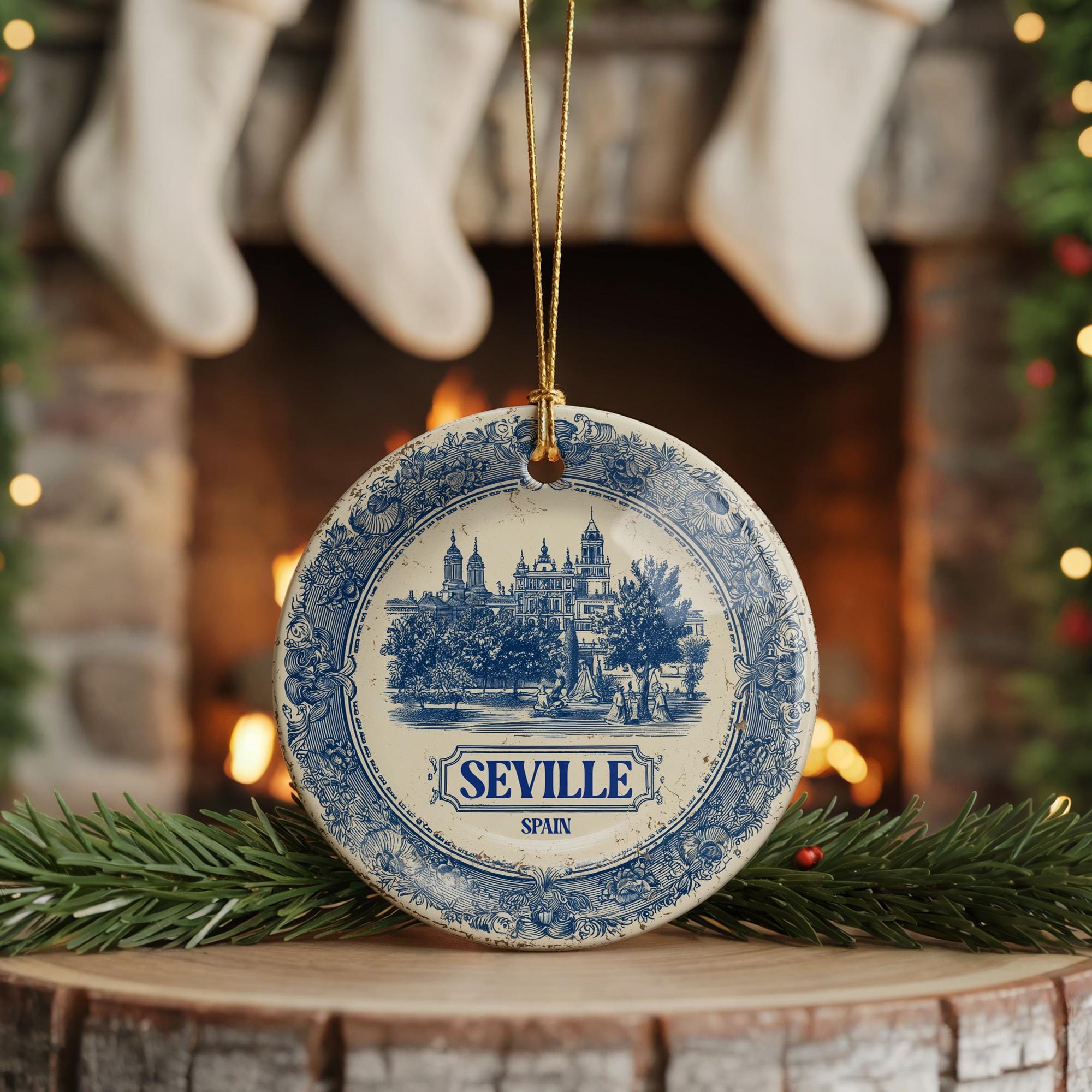 Custom Seville Spain Ceramic Delft Ornament, Christmas Delftware Blue Delftware city travel