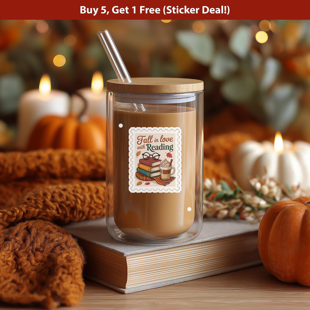 Fall in Love with Reading Stamp Sticker, Spooky Halloween Waterproof Decal for tumbler, kindle