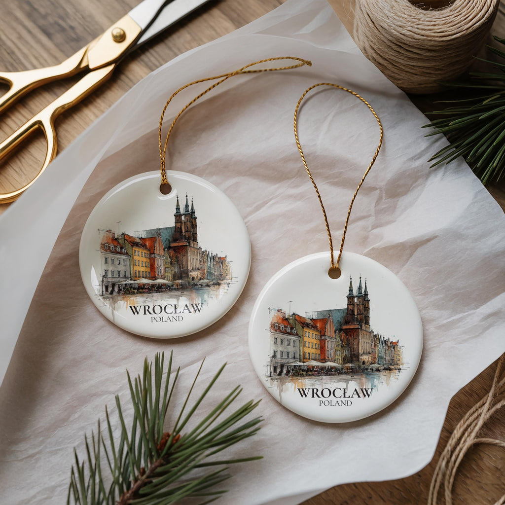 Wroclaw Poland Personalized Watercolor Ornament, Custom Ceramic Christmas gift, Travel Keepsake