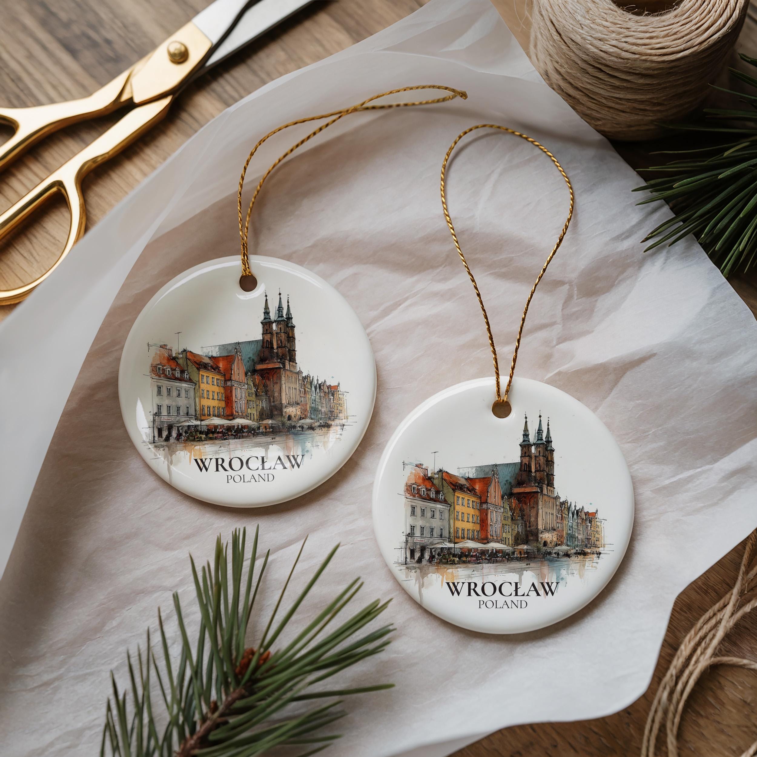 Wroclaw Poland Personalized Watercolor Ornament, Custom Ceramic Christmas gift, Travel Keepsake