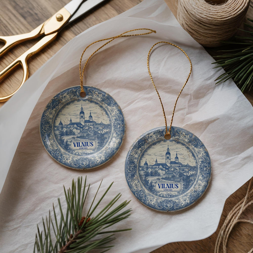 Custom Vilnius Lithuania Ceramic Delft Ornament, Christmas Delftware Blue Delftware city travel