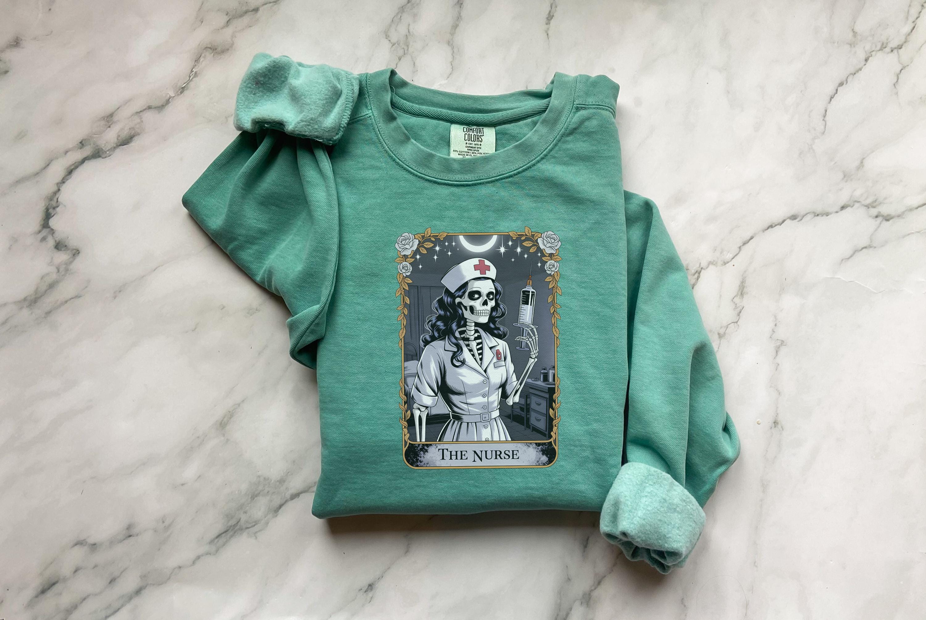 Halloween Nurse Skeleton Sweatshirt, Gothic Tarot Card Medical Pullover, Creepy RN Skull Top, Witchy Fall Aesthetic Shirt, Gift for Nurse