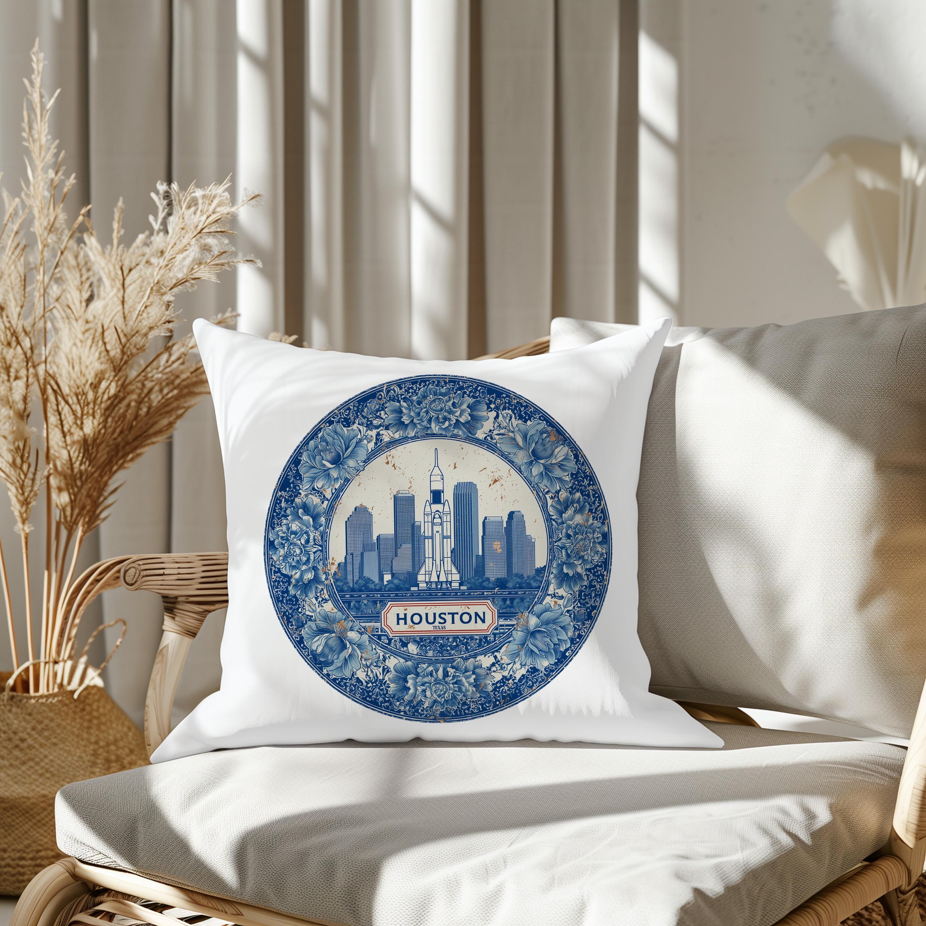 Houston Texas Pillowcase, Delft Style Decorative Throw Pillow, Vintage Cityscape Retro Home Decor