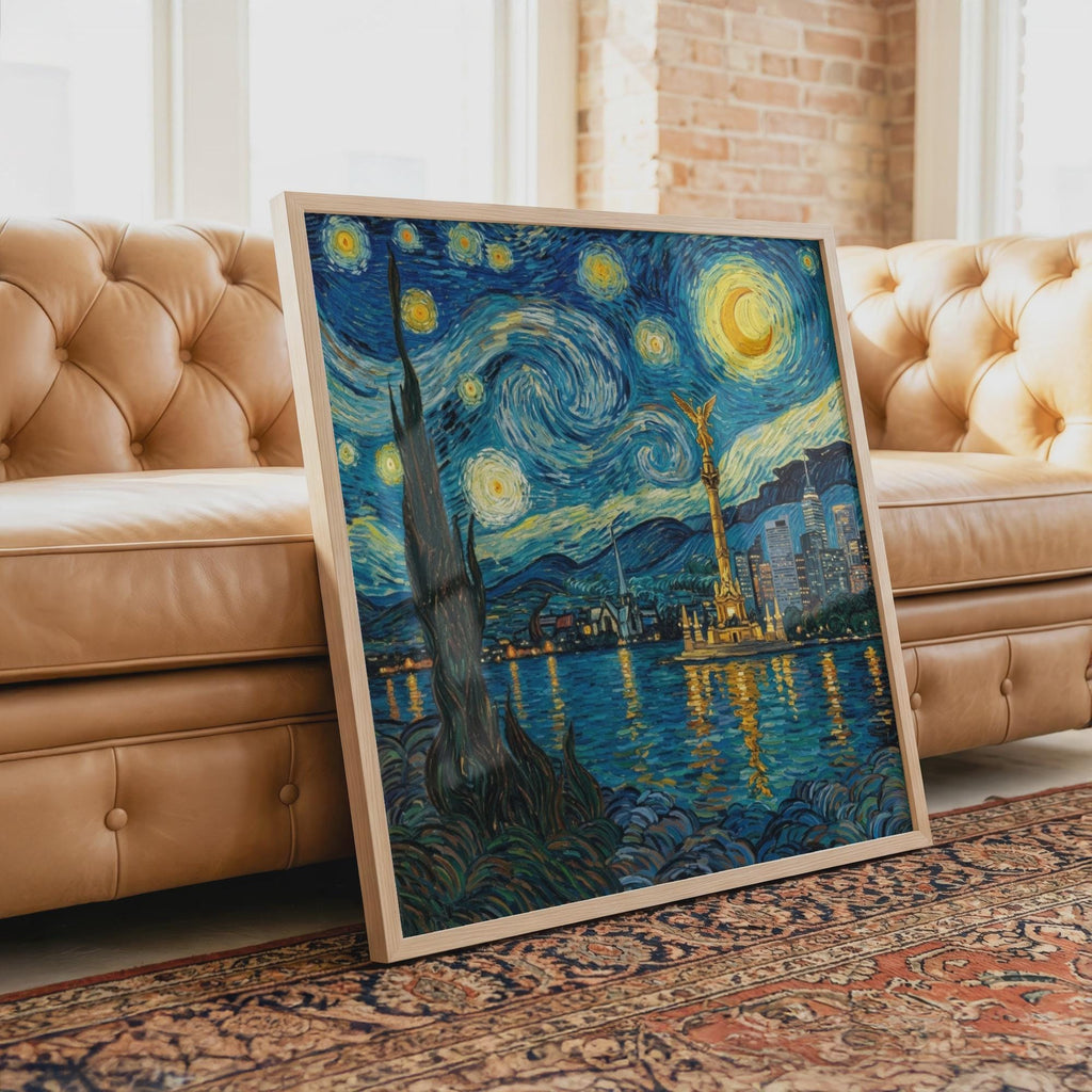 Mexico City Skyline Wall Art, Van Gogh Style Framed Canvas, Angel de la Independencia