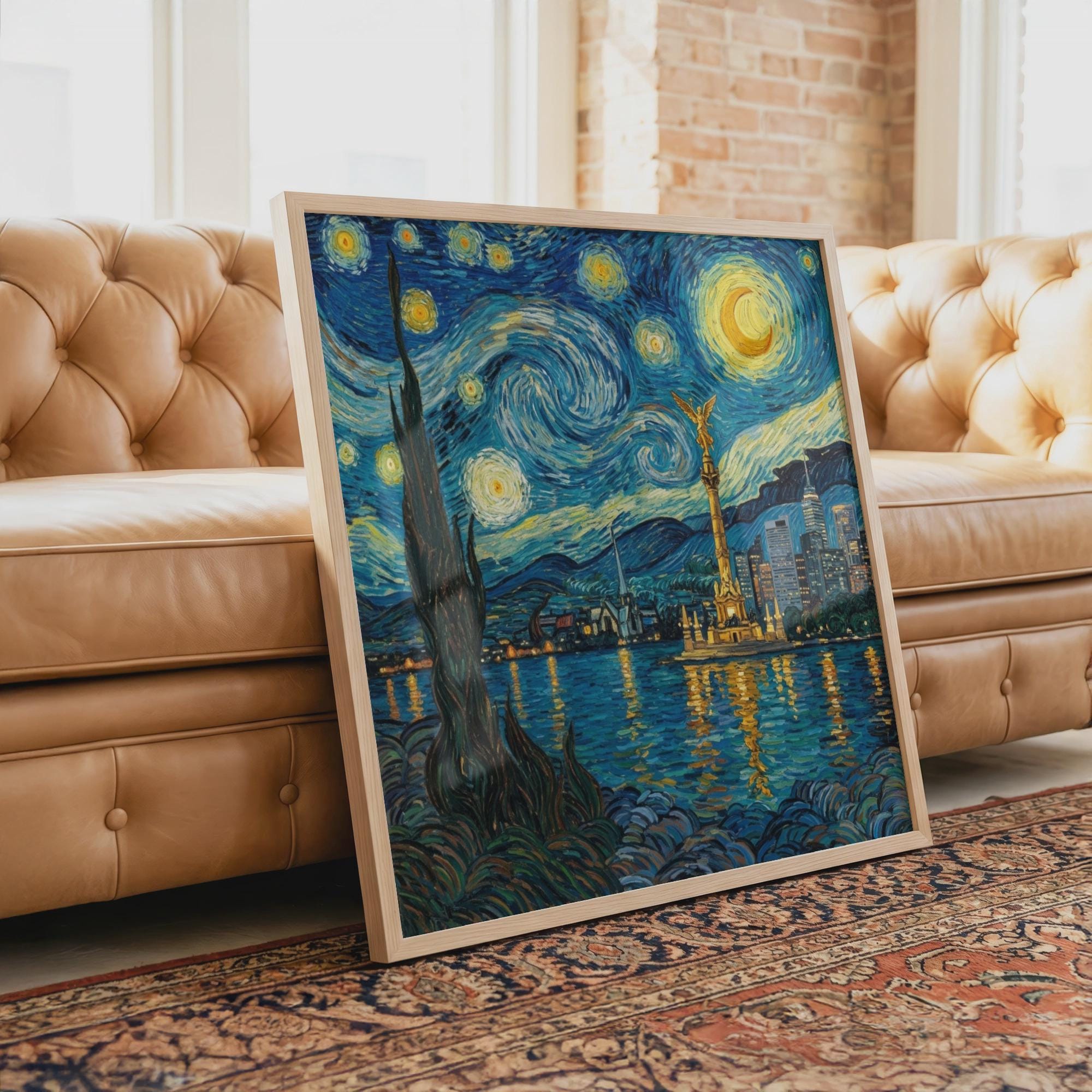 Mexico City Skyline Wall Art, Van Gogh Style Framed Canvas, Angel de la Independencia