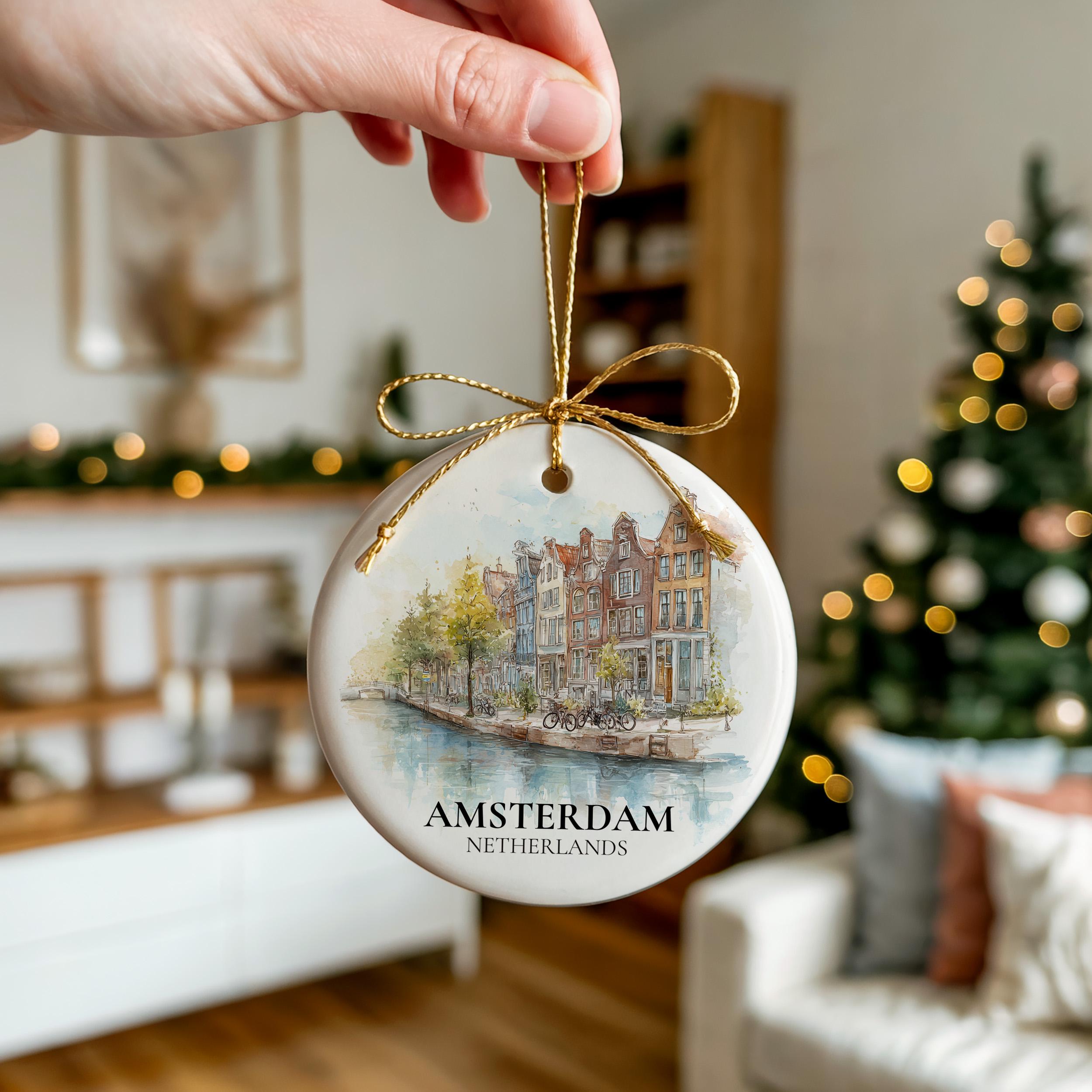 Amsterdam Netherlands Personalized Watercolor Ornament, Custom Ceramic Christmas gift, Travel Keepsake
