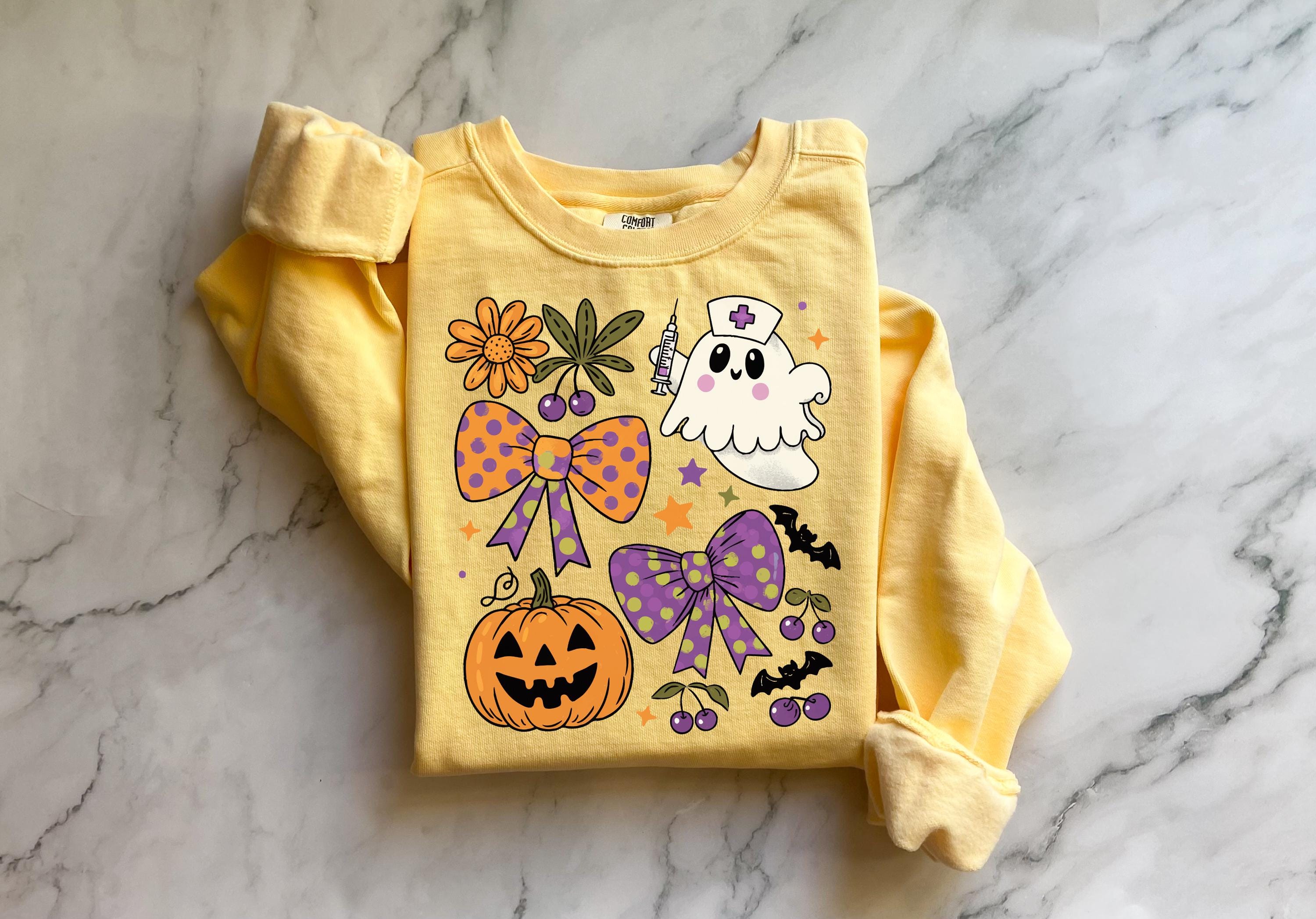 Halloween Nurse Ghost Sweatshirt, Retro Spooky Pumpkin Fall Crewneck, Cute Ghost Nurse Pullover with Flowers and Bows, Gift for RN