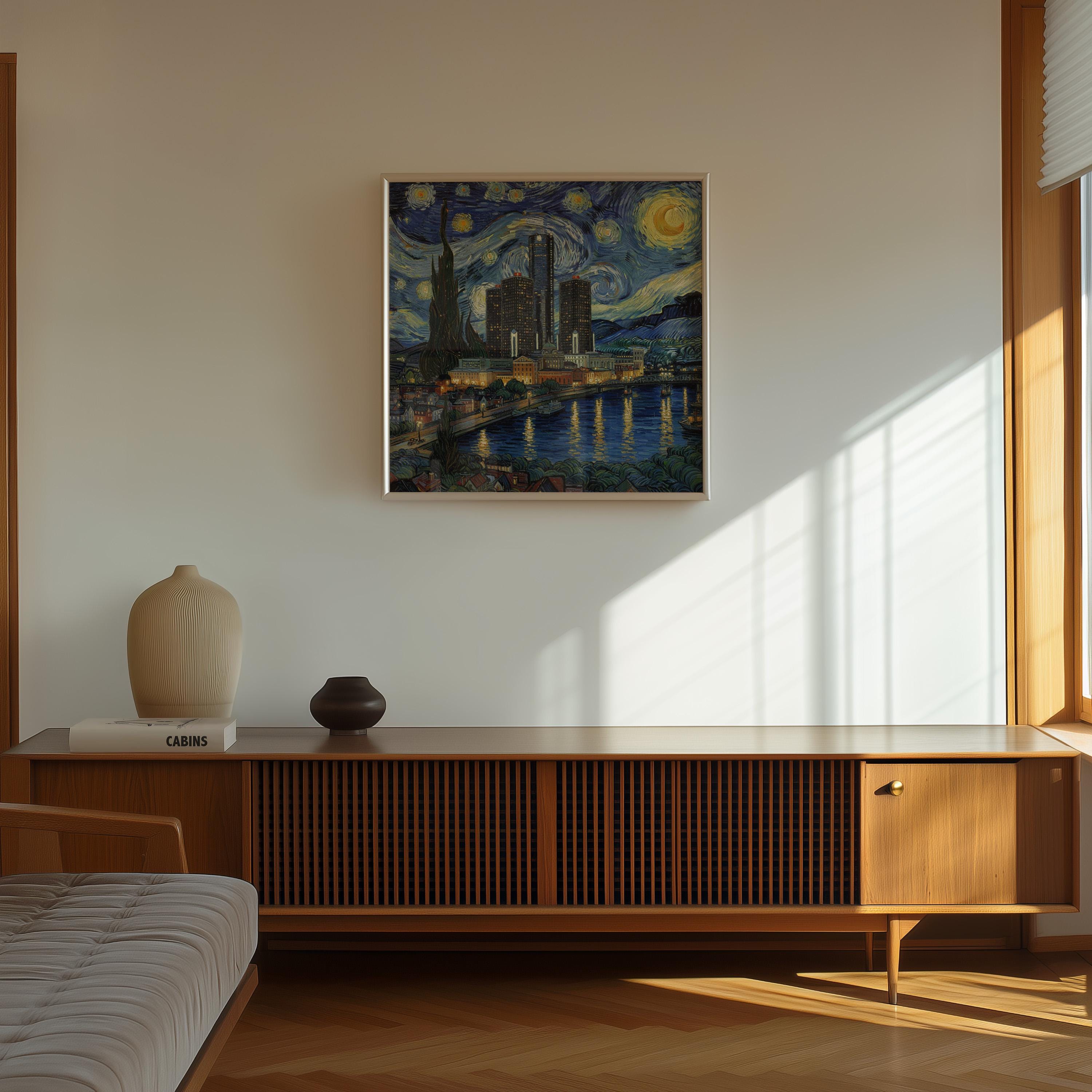 Detroit Michigan Starry Night Wall Art, Van Gogh Print, Travel Gift Home Decor