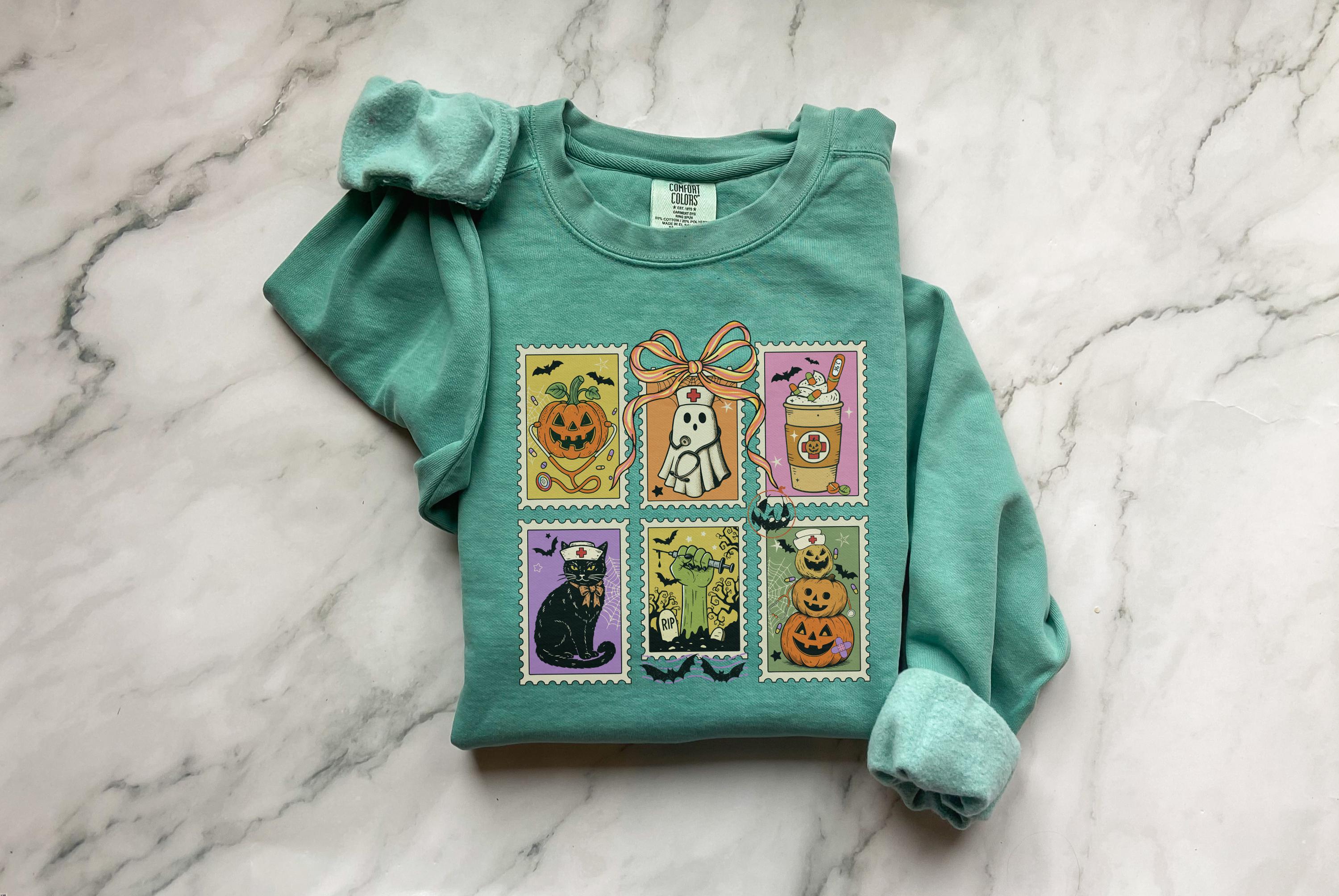 Halloween Tarot Card Sweatshirt, Witchy Nurse Fall Pullover with Pumpkin Cat Skeleton Prints, Spooky Vintage Top, Cozy Retro Gift
