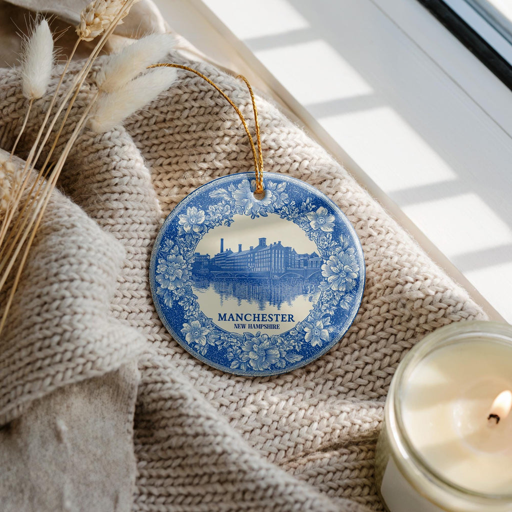 Custom Manchester New Hampshire Ceramic Delft Ornament, Christmas Delftware Blue Delftware city travel