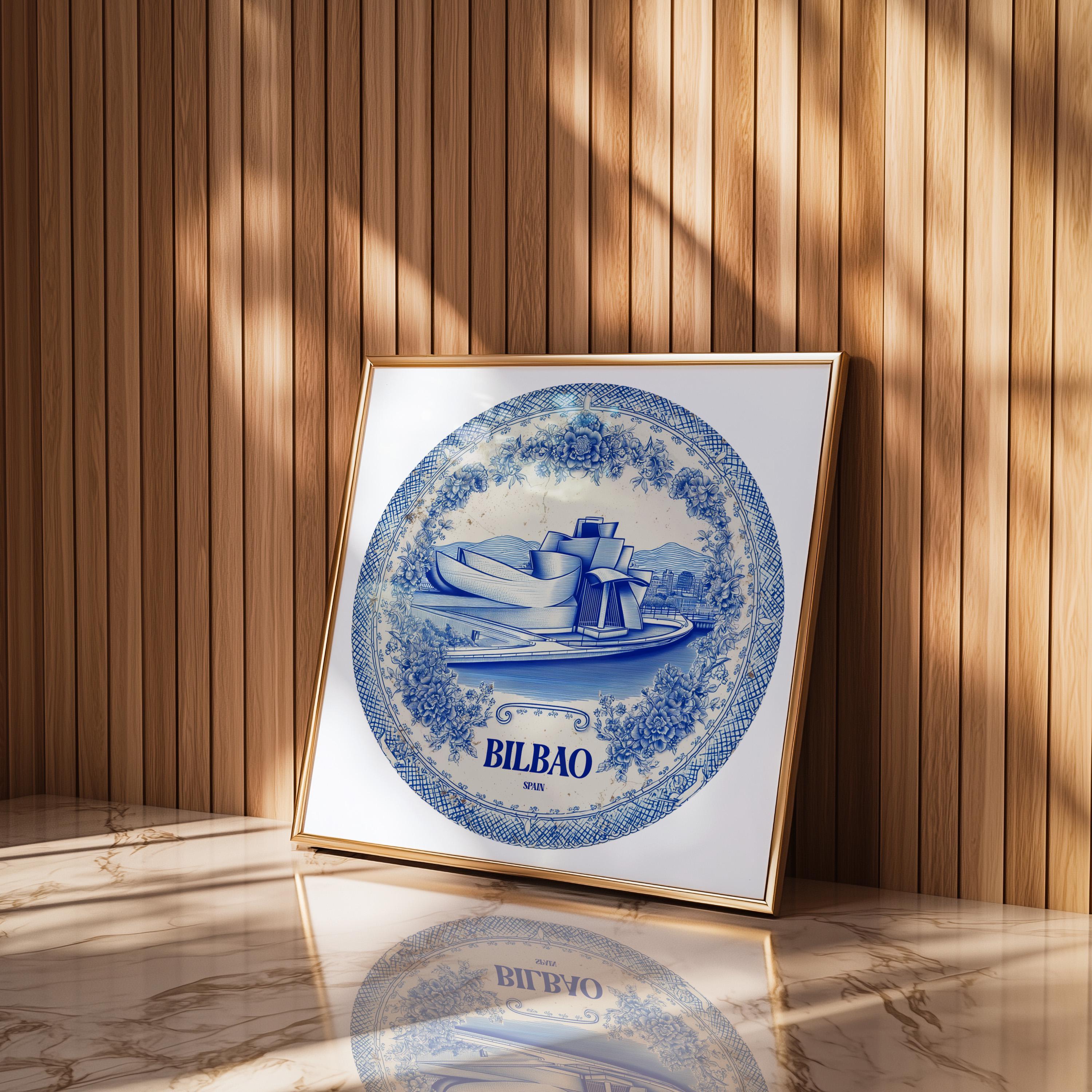 Bilbao Spain Wall Art, Vintage Delft Blue Poster, City Print, Travel Home Decor