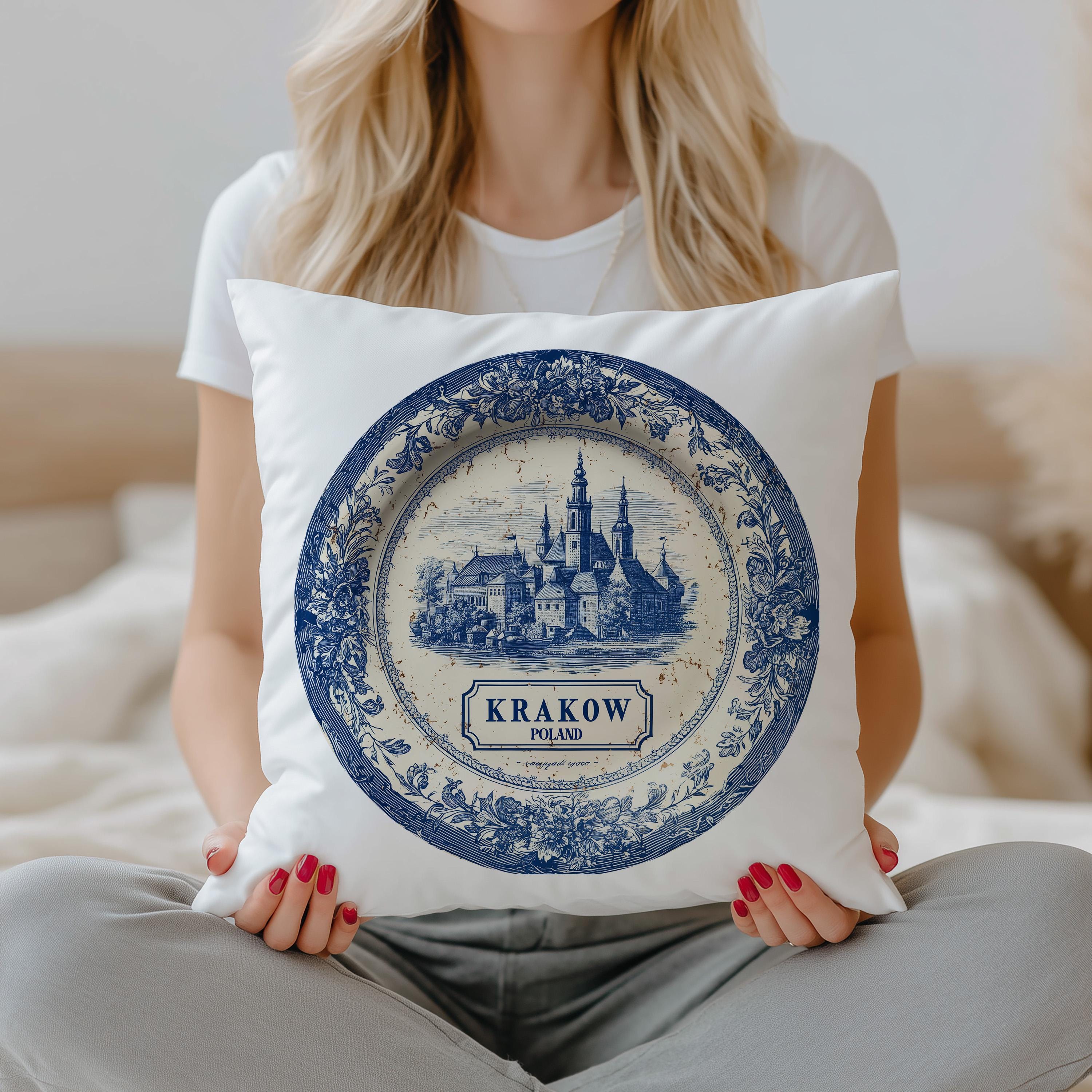 Krakow Poland Pillowcase, Delft Style Decorative Throw Pillow, Vintage Cityscape Retro Home Decor