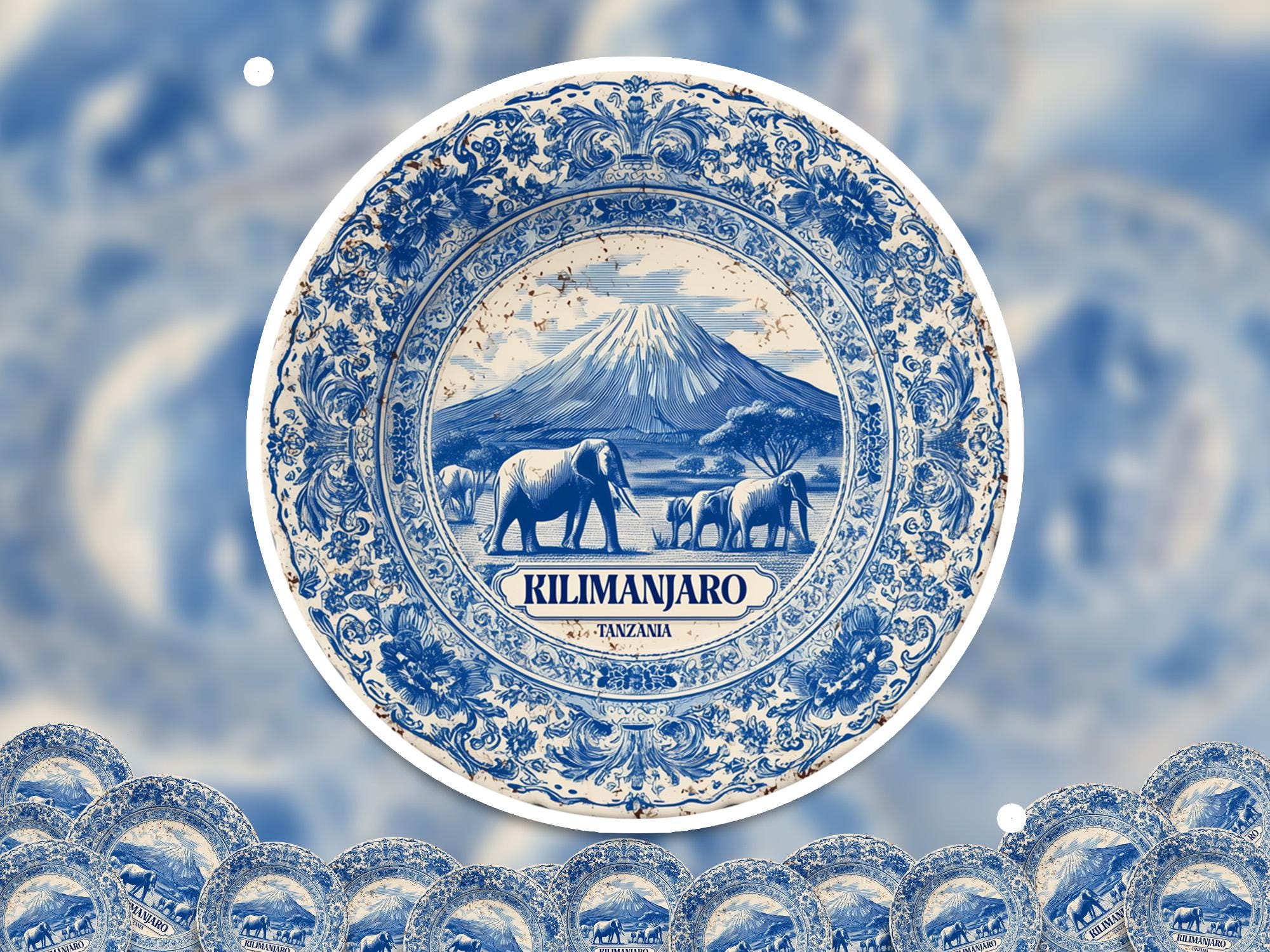 Kilimanjaro Tanzania Sticker Vintage Delft style, Delftware Decal Waterproof Vinyl, Blue City Travel