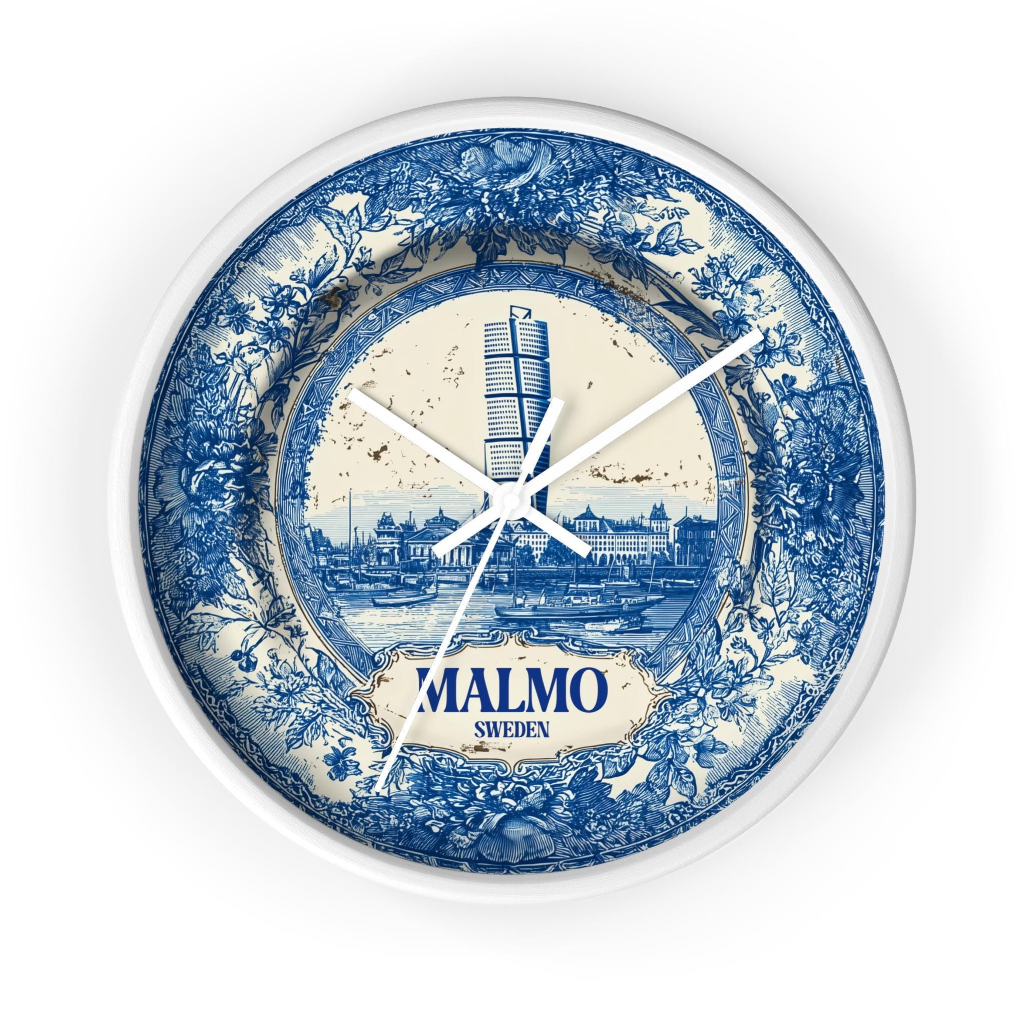 Malmo Sweden Wall Clock, Delf style Home Decor, Vintage City Travel Keepsake Art