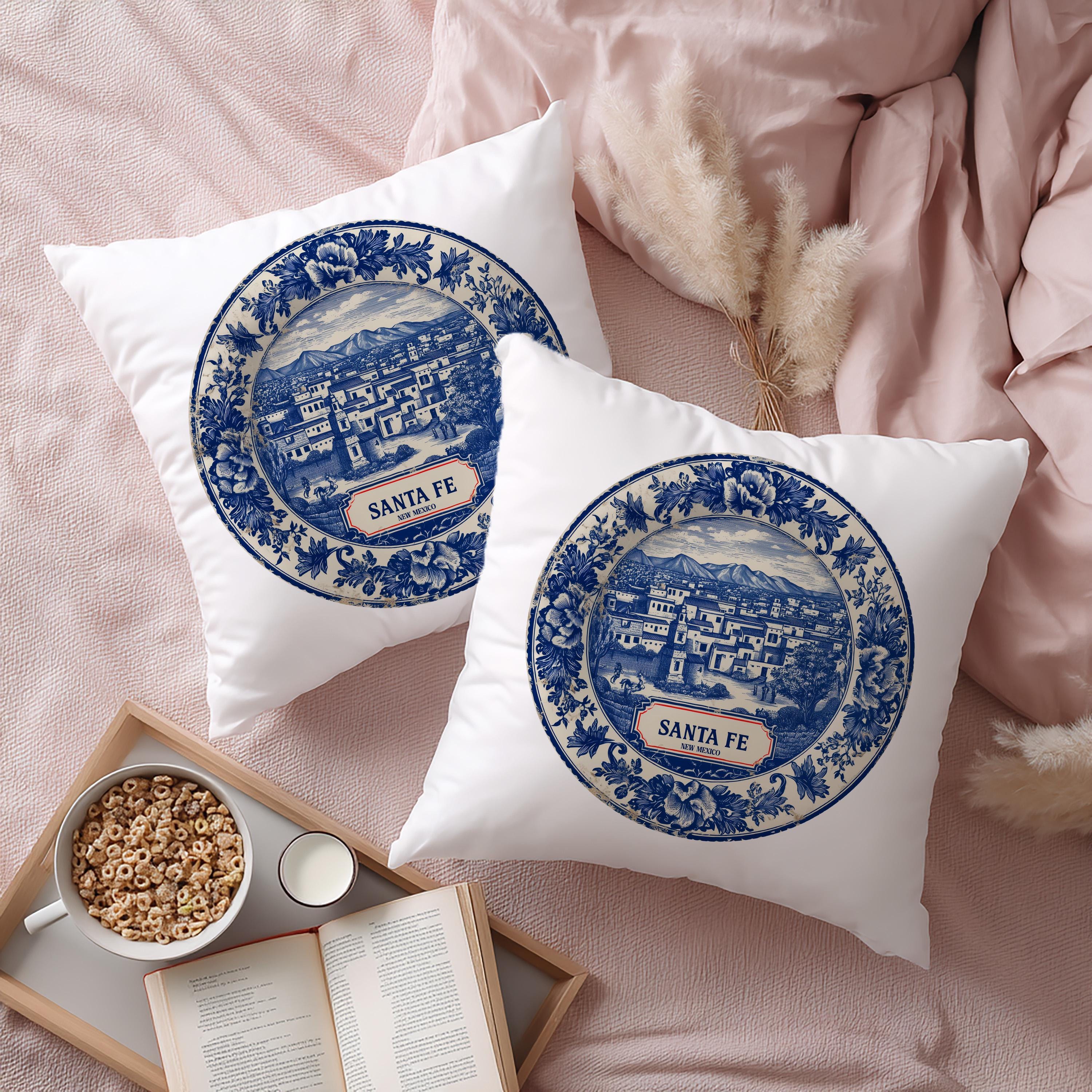 Santa Fe New Mexico Pillowcase, Delft Style Decorative Throw Pillow, Vintage Cityscape Retro Home Decor