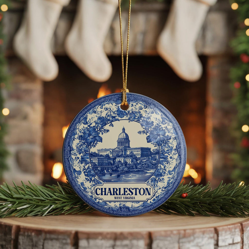 Custom Charleston West Virginia Ceramic Delft Ornament, Christmas Delftware Blue Delftware city travel