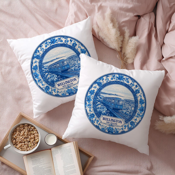 Wellington New Zealand Pillowcase, Delft Style Decorative Throw Pillow, Vintage Cityscape Retro Home Decor