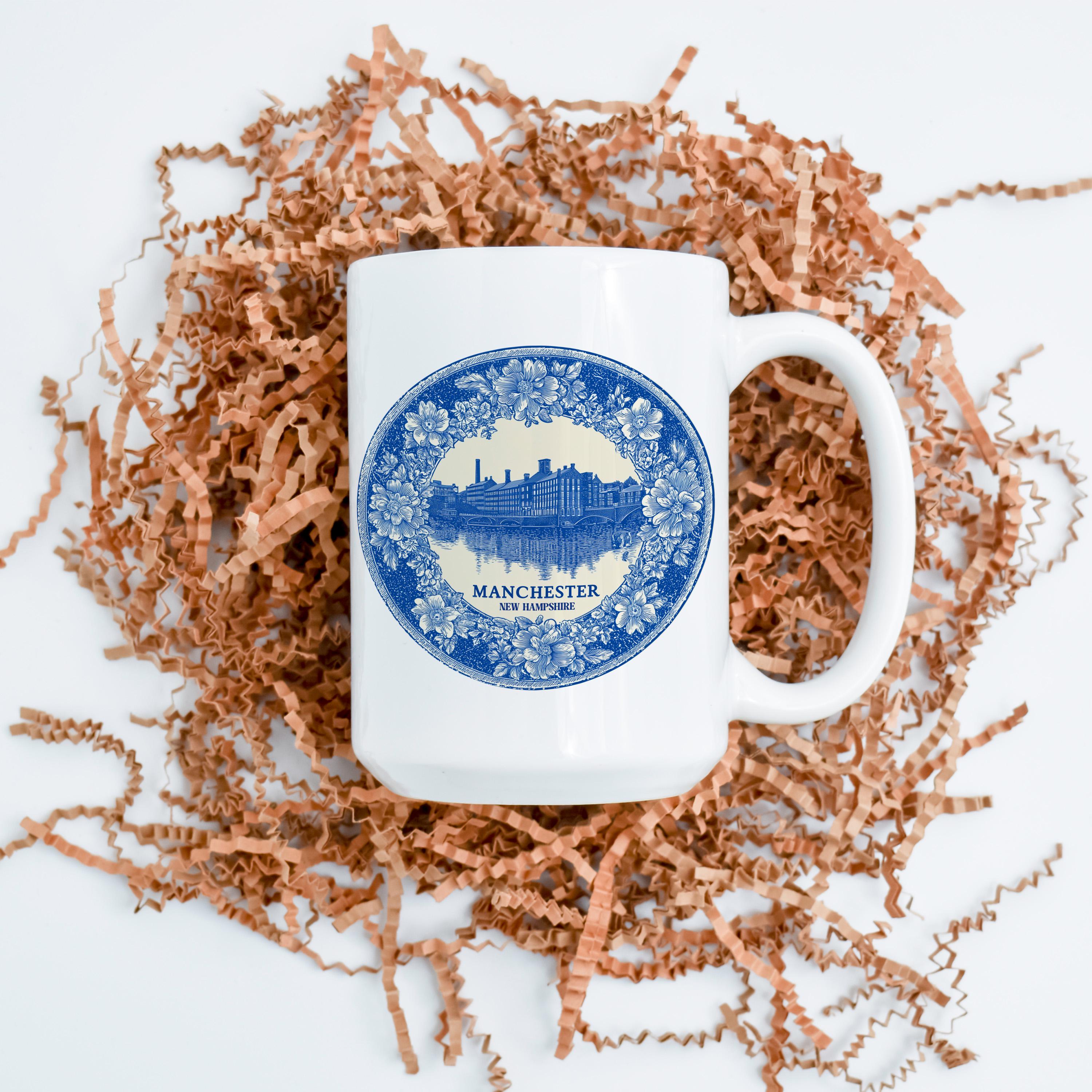 Manchester New Hampshire Mug, Custom Delft Style cup, Personalized Vintage Travel City Gift