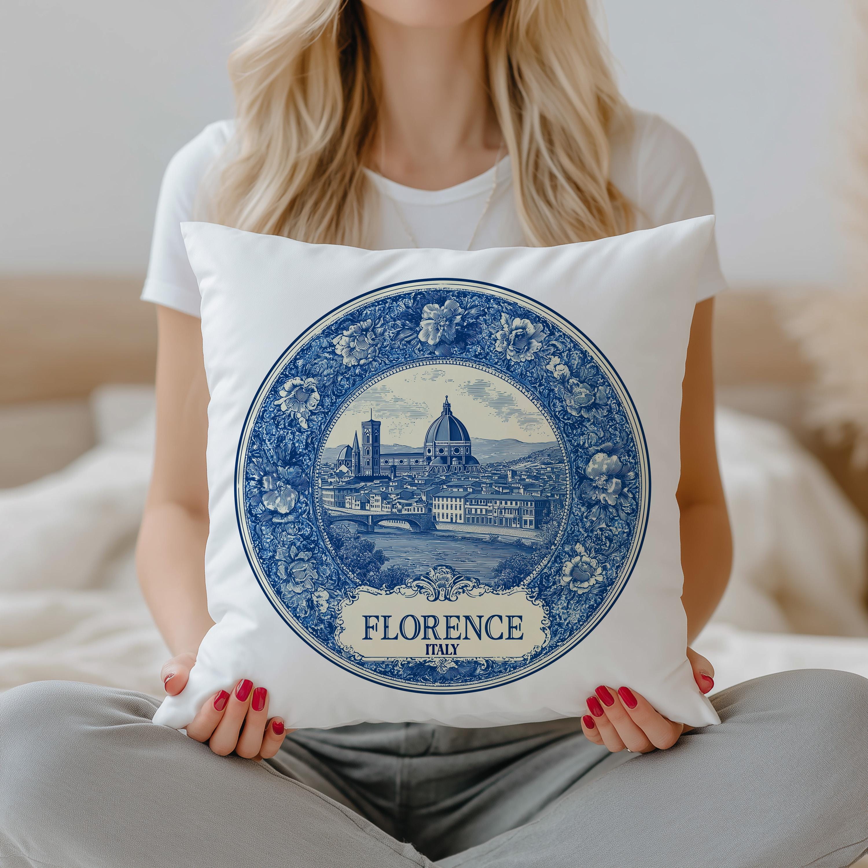Florence Italy Pillowcase, Delft Style Decorative Throw Pillow, Vintage Cityscape Retro Home Decor