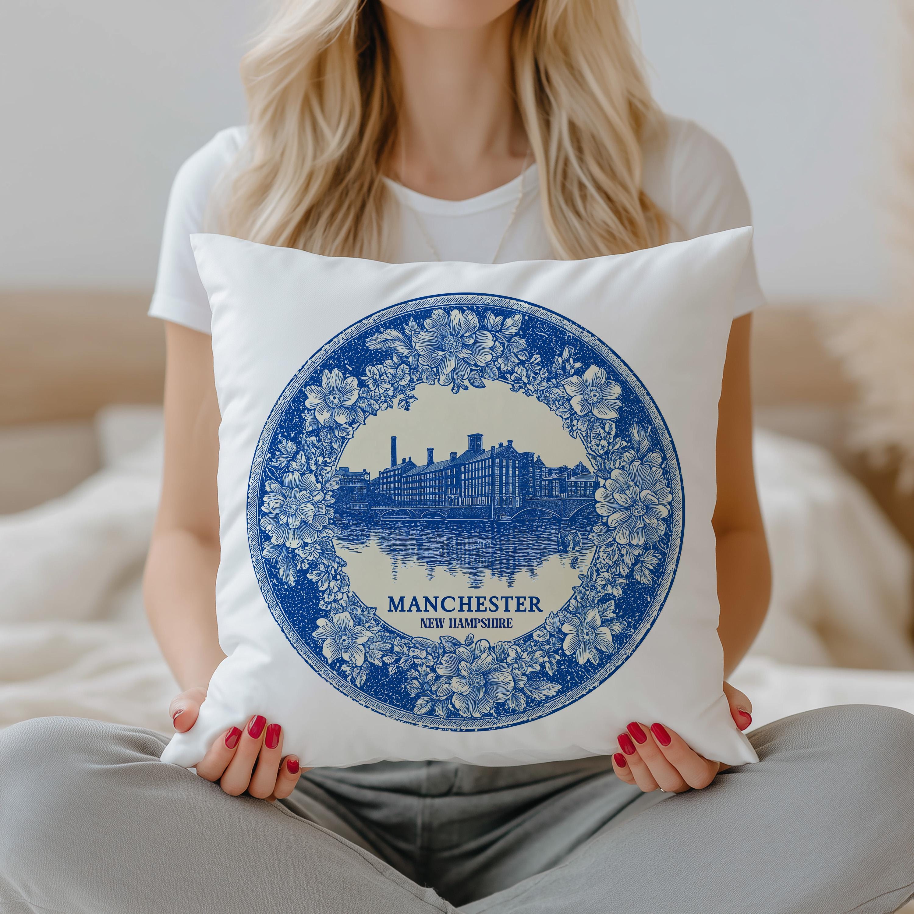 Manchester New Hampshire Pillowcase, Delft Style Decorative Throw Pillow, Vintage Cityscape Retro Home Decor