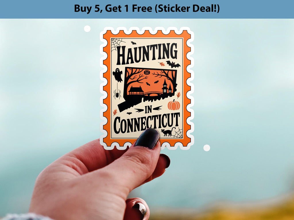 Connecticut Stamp Halloween Sticker, Spooky USA Kiss-Cut Vinyl, Waterproof Decal, United States Travel