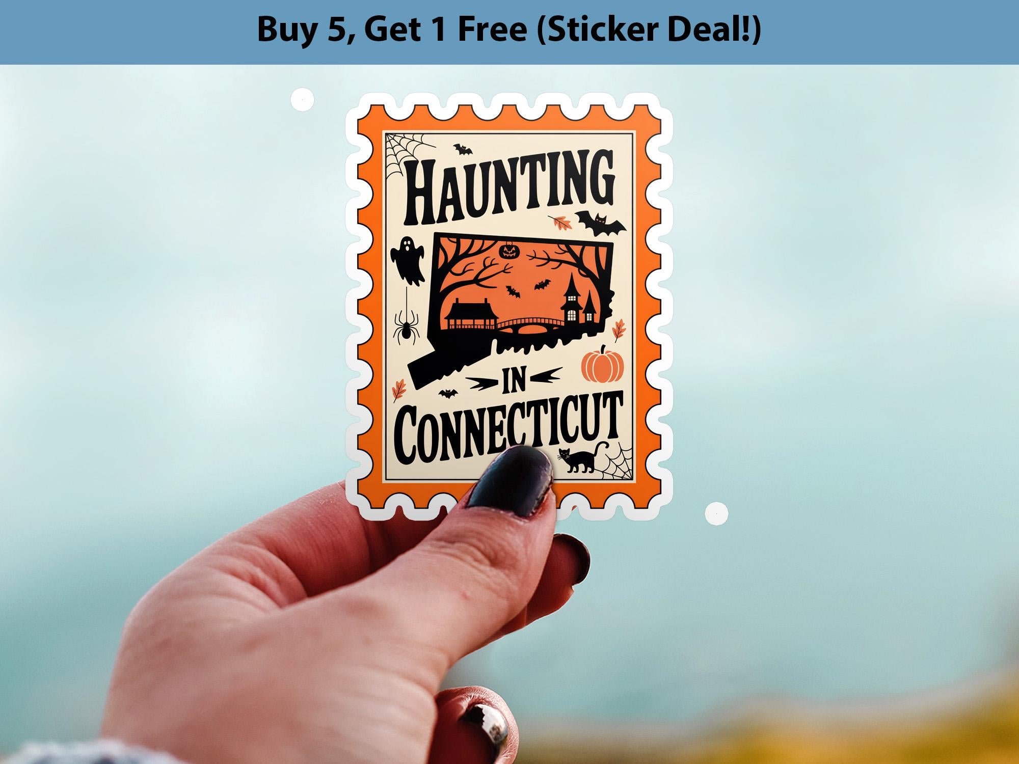 Connecticut Stamp Halloween Sticker, Spooky USA Kiss-Cut Vinyl, Waterproof Decal, United States Travel