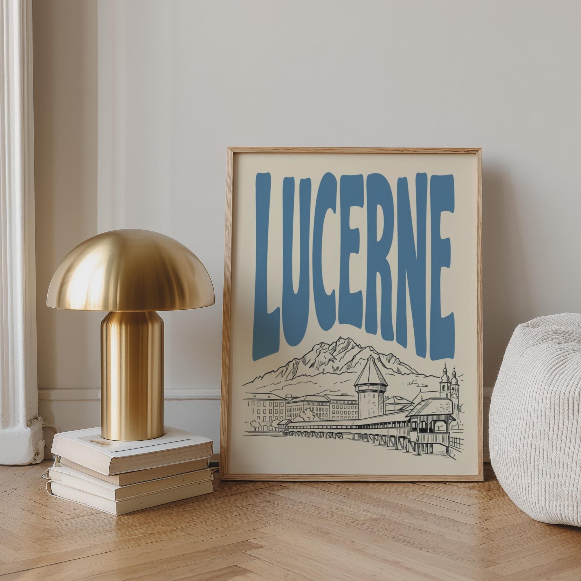 Lucerne Switzerland Wall Art, Framed Canvas Print, Minimalist Travel Decor