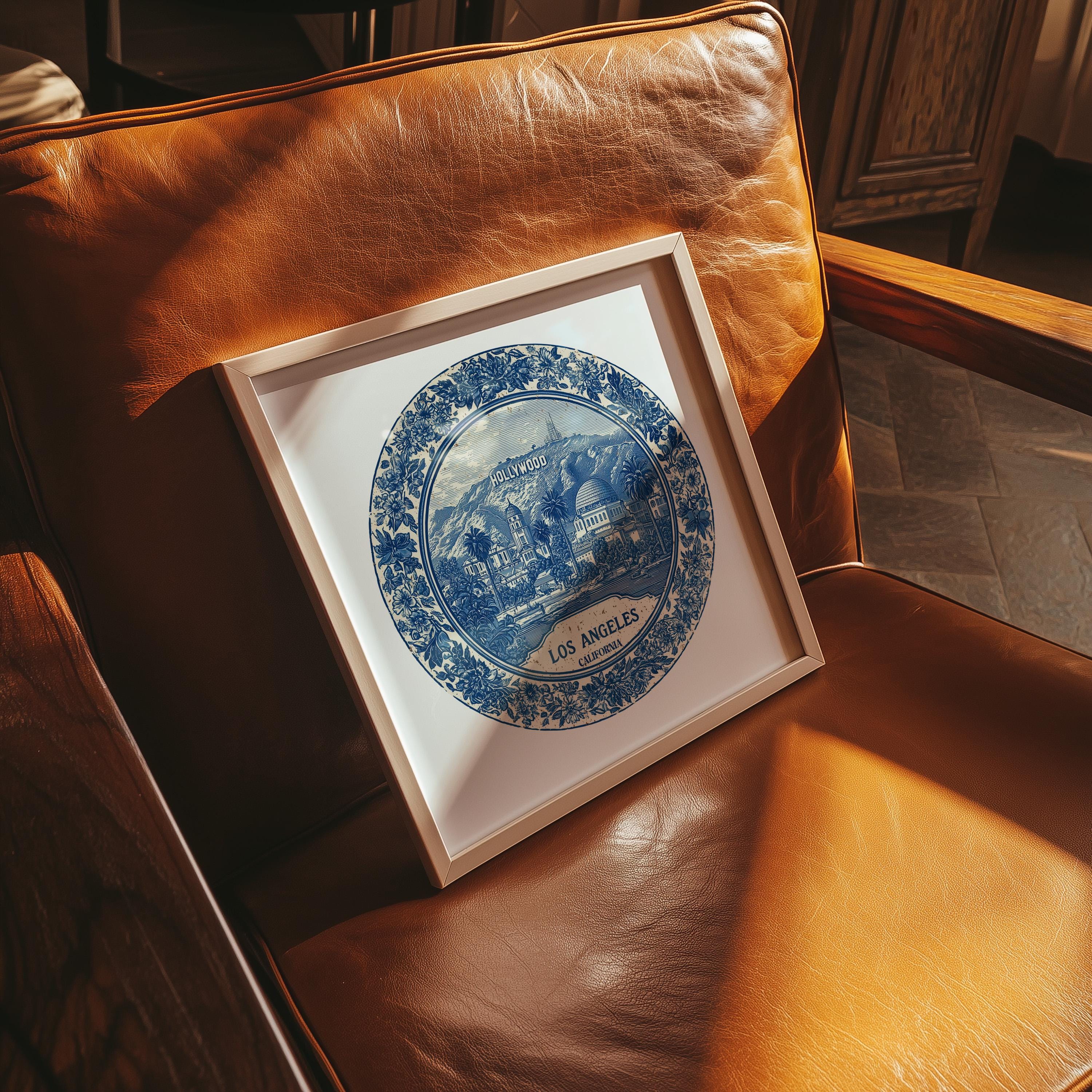 Los Angeles California Wall Art, Vintage Delft Blue Poster, City Print, Travel Home Decor