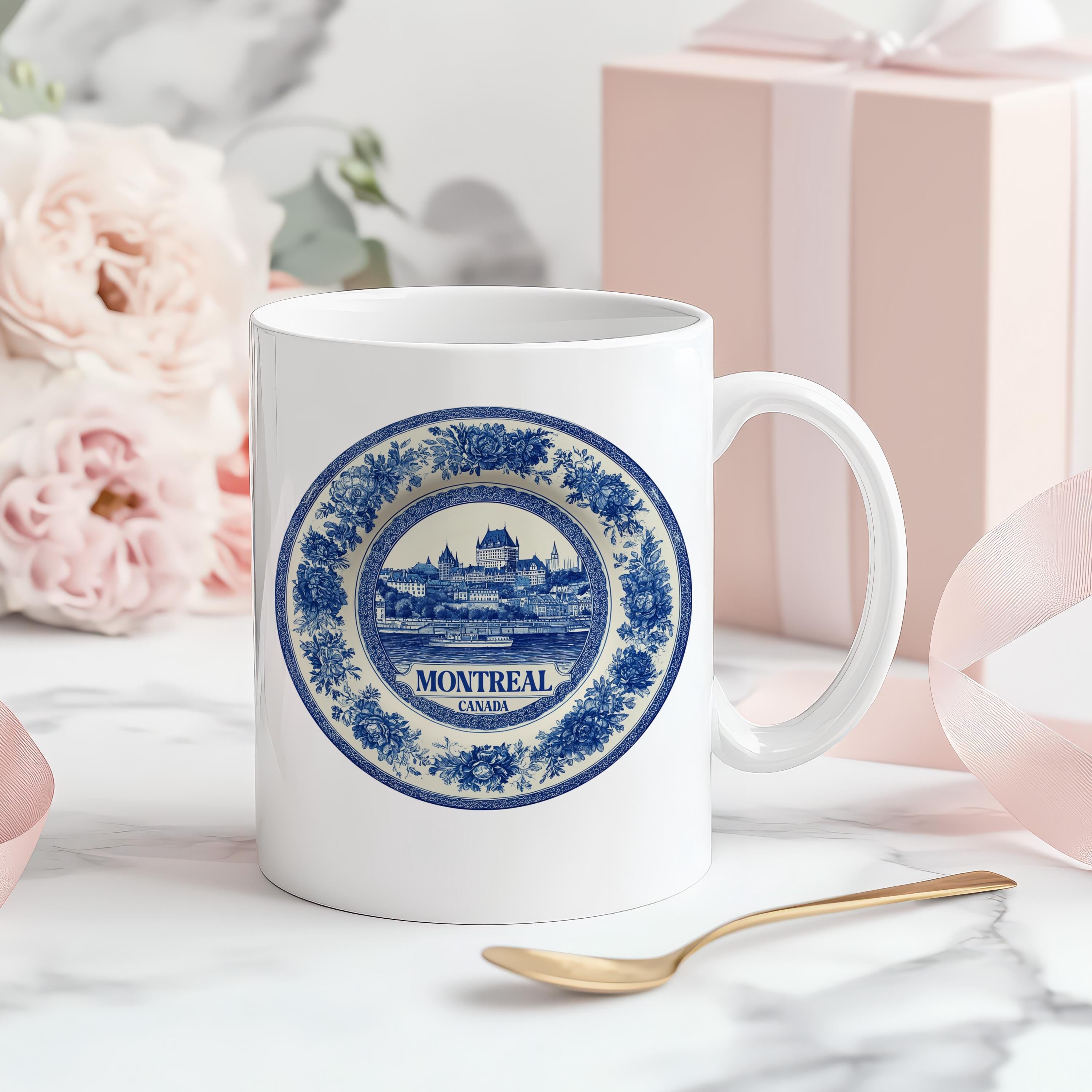 Montreal Canada Mug, Custom Delft Style cup, Personalized Vintage Travel City Gift