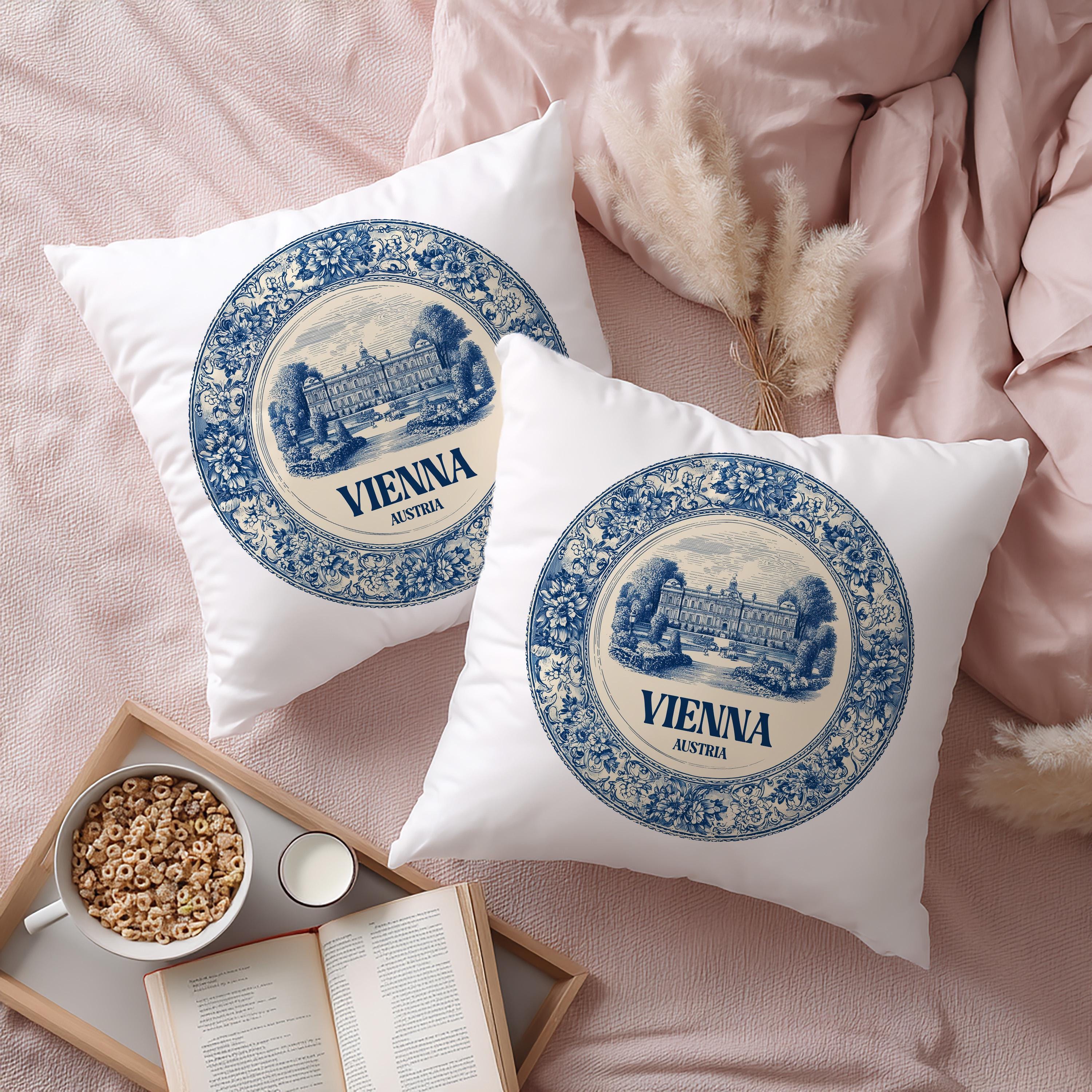 Vienna Austria Pillowcase, Delft Style Decorative Throw Pillow, Vintage Cityscape Retro Home Decor