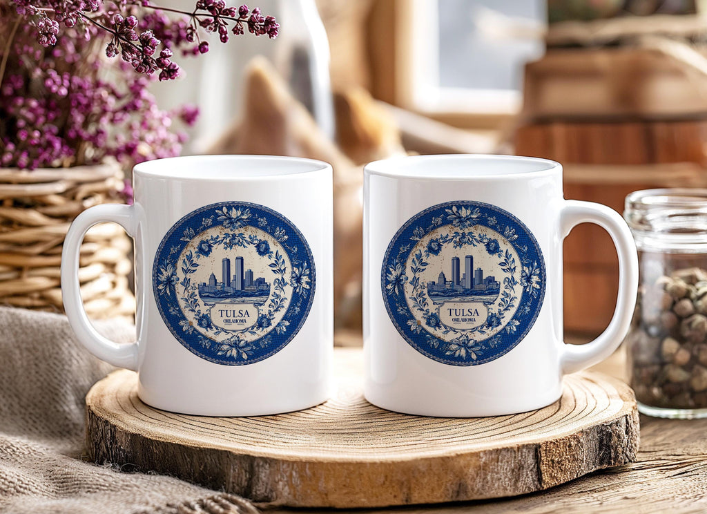 Tulsa Oklahoma Mug, Custom Delft Style cup, Personalized Vintage Travel City Gift