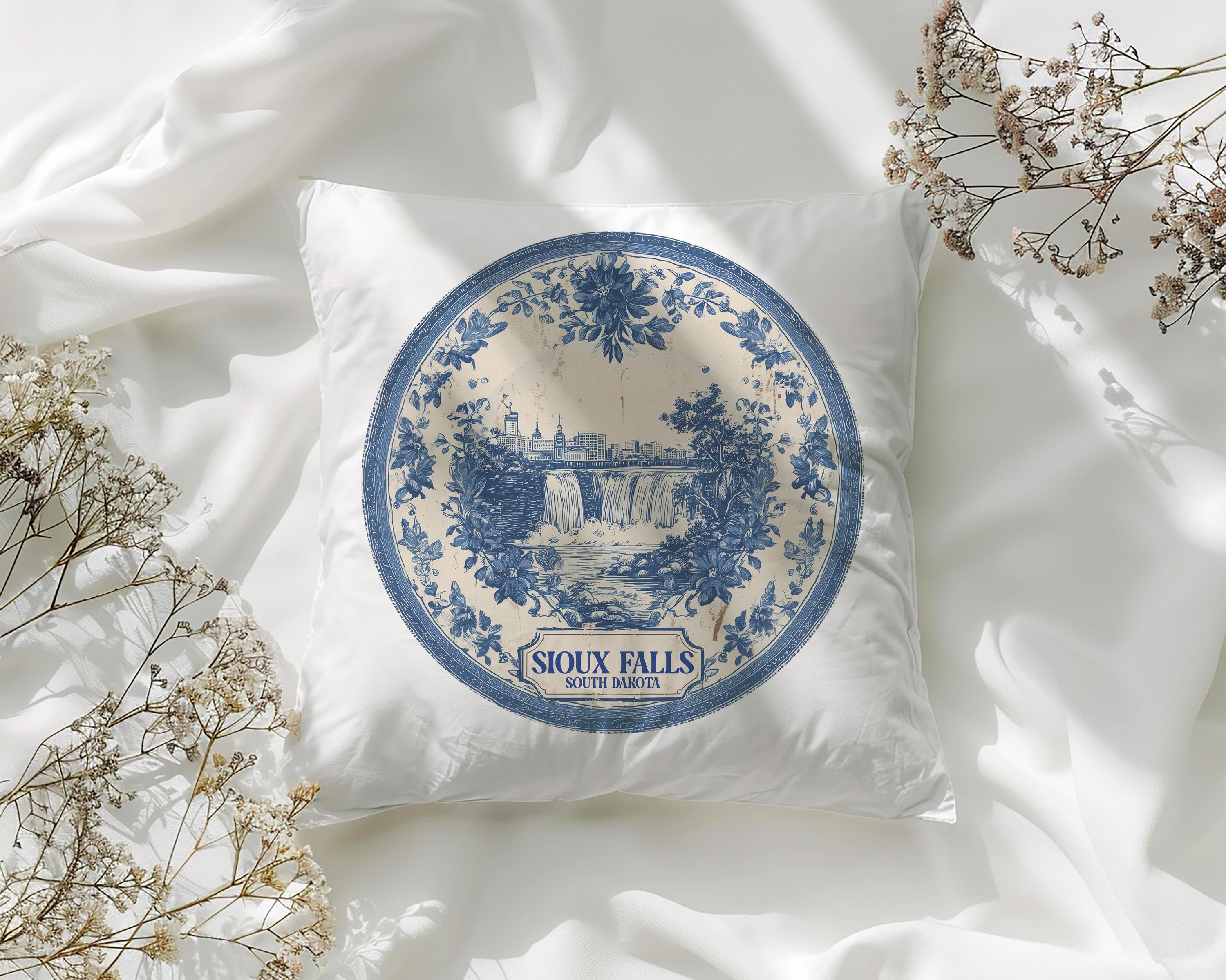 Sioux Falls South Dakota Pillowcase, Delft Style Decorative Throw Pillow, Vintage Cityscape Retro Home Decor