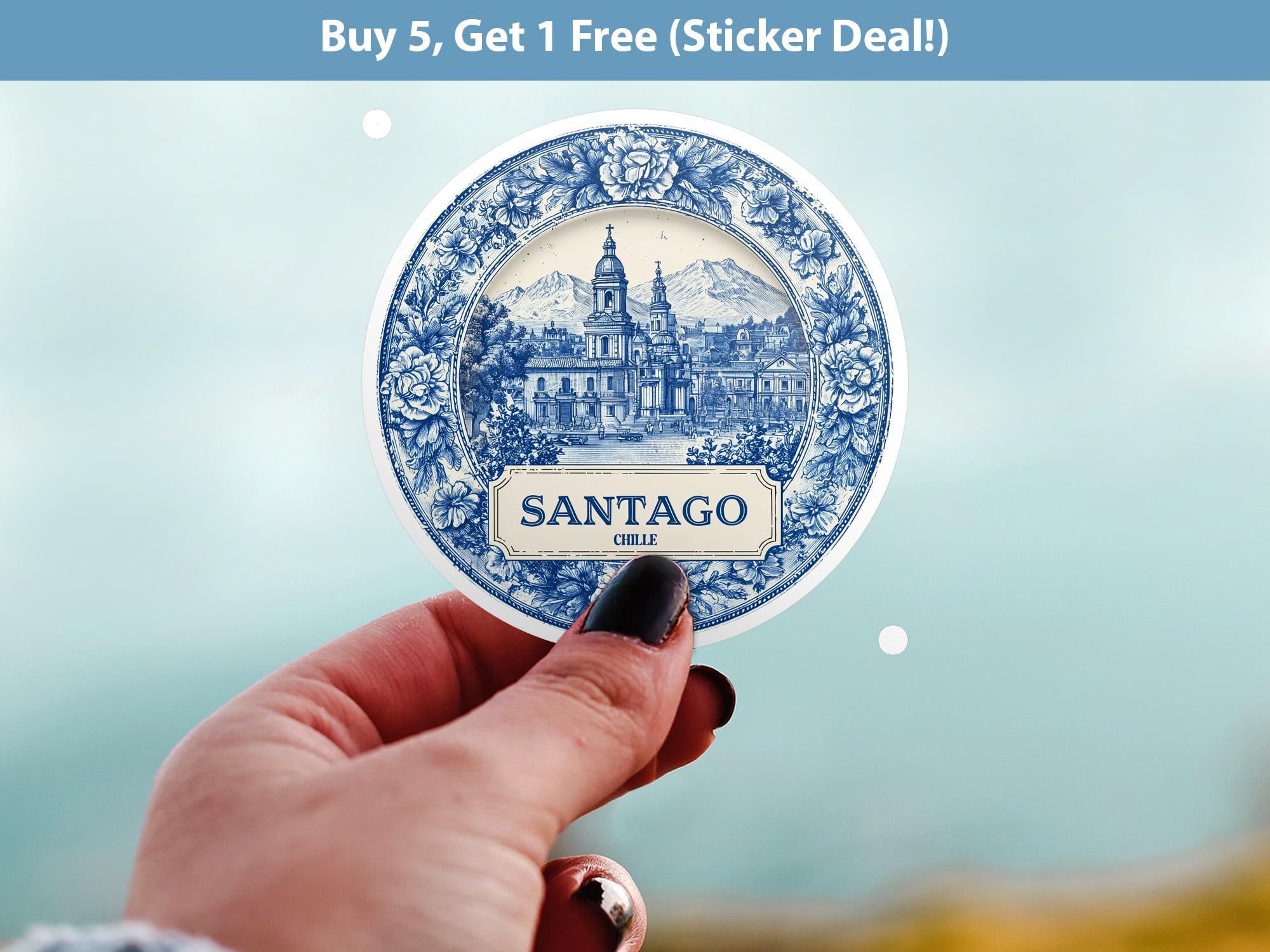 Santiago Chile Sticker Vintage Delft style, Delftware Decal Waterproof Vinyl, Blue City Travel