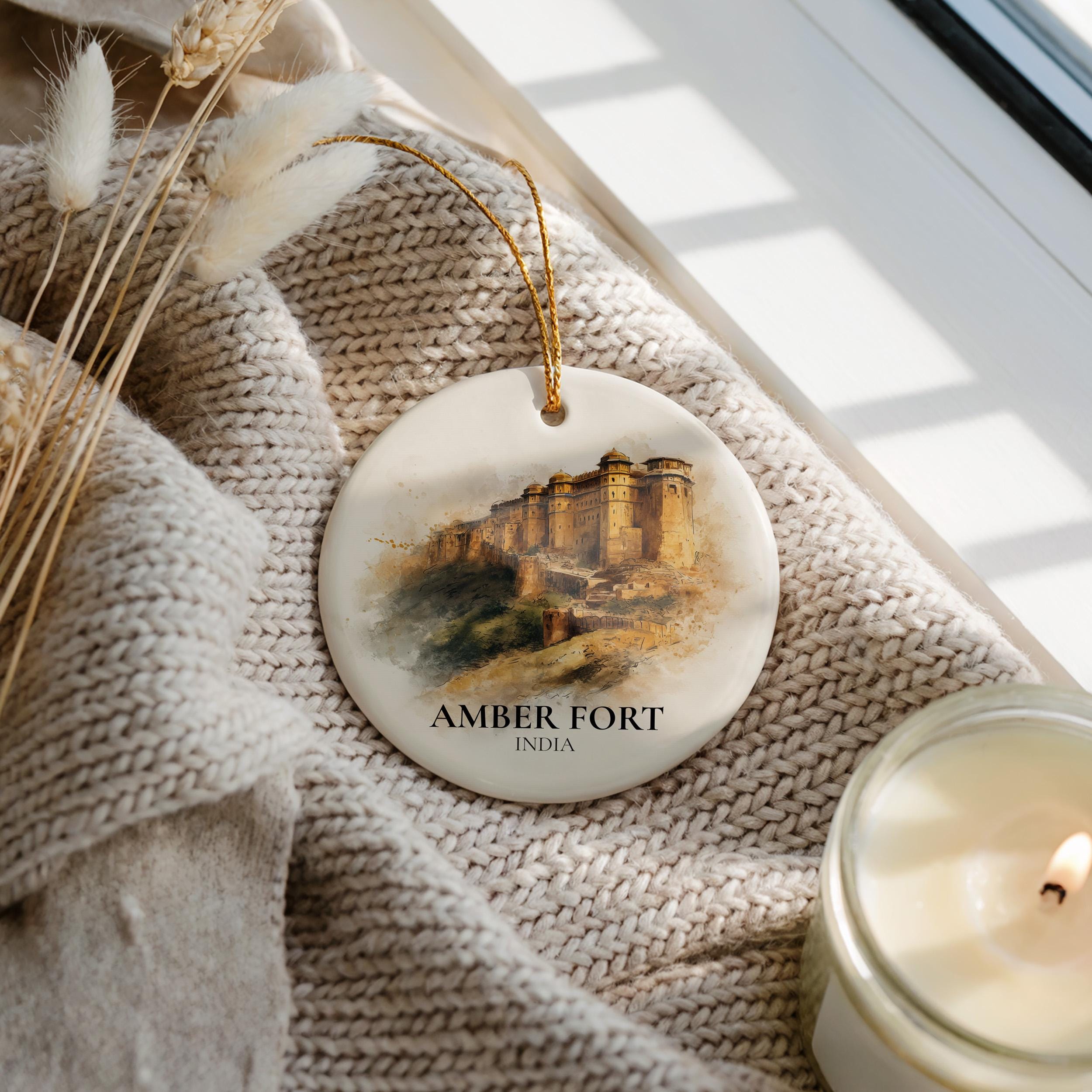 Amber Fort India Personalized Watercolor Ornament, Custom Ceramic Christmas gift, Travel Keepsake