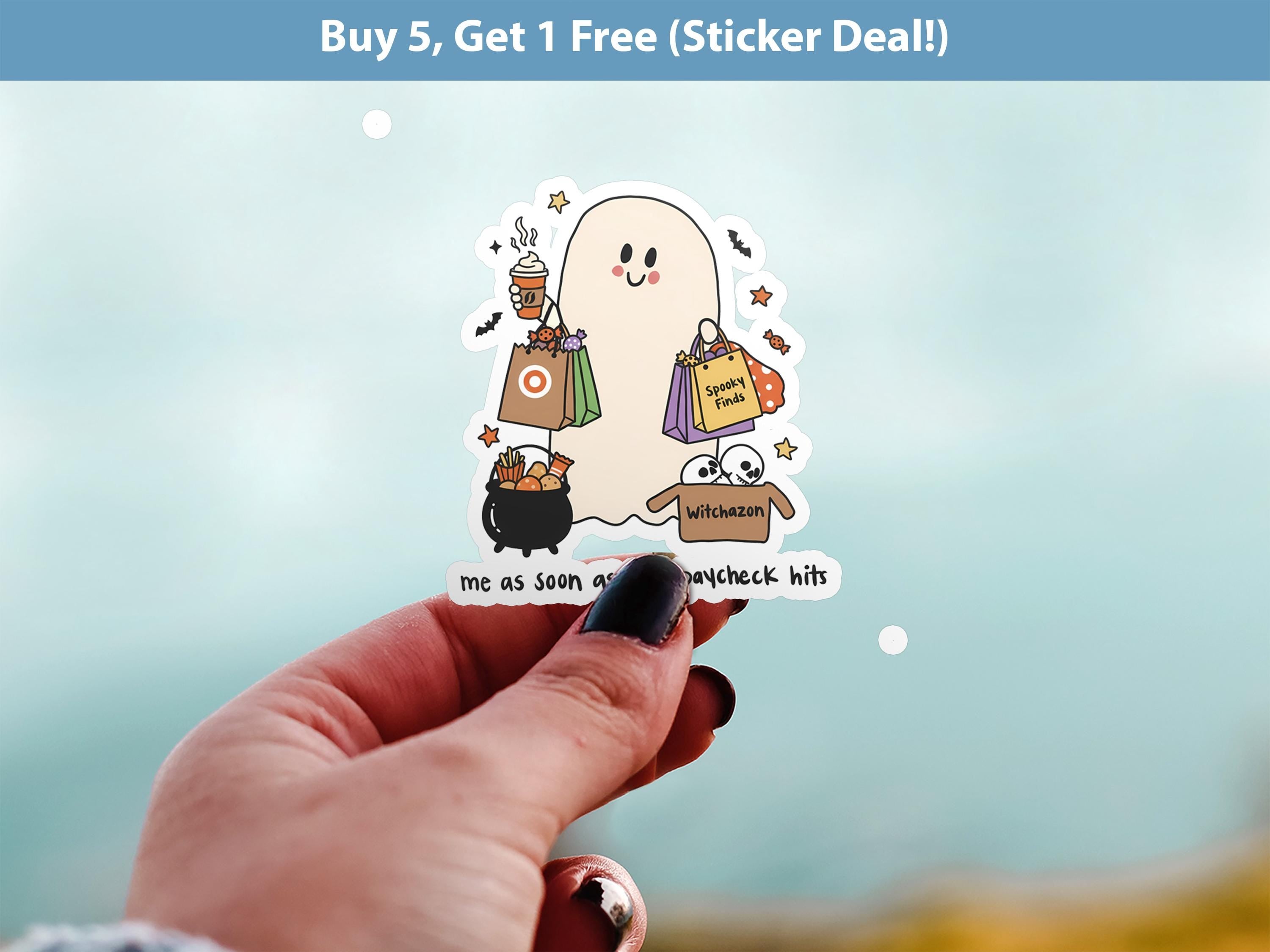 Me As Soon As My Paycheck Hits Sticker, Cute ghost shopping Halloween Vinyl Decal