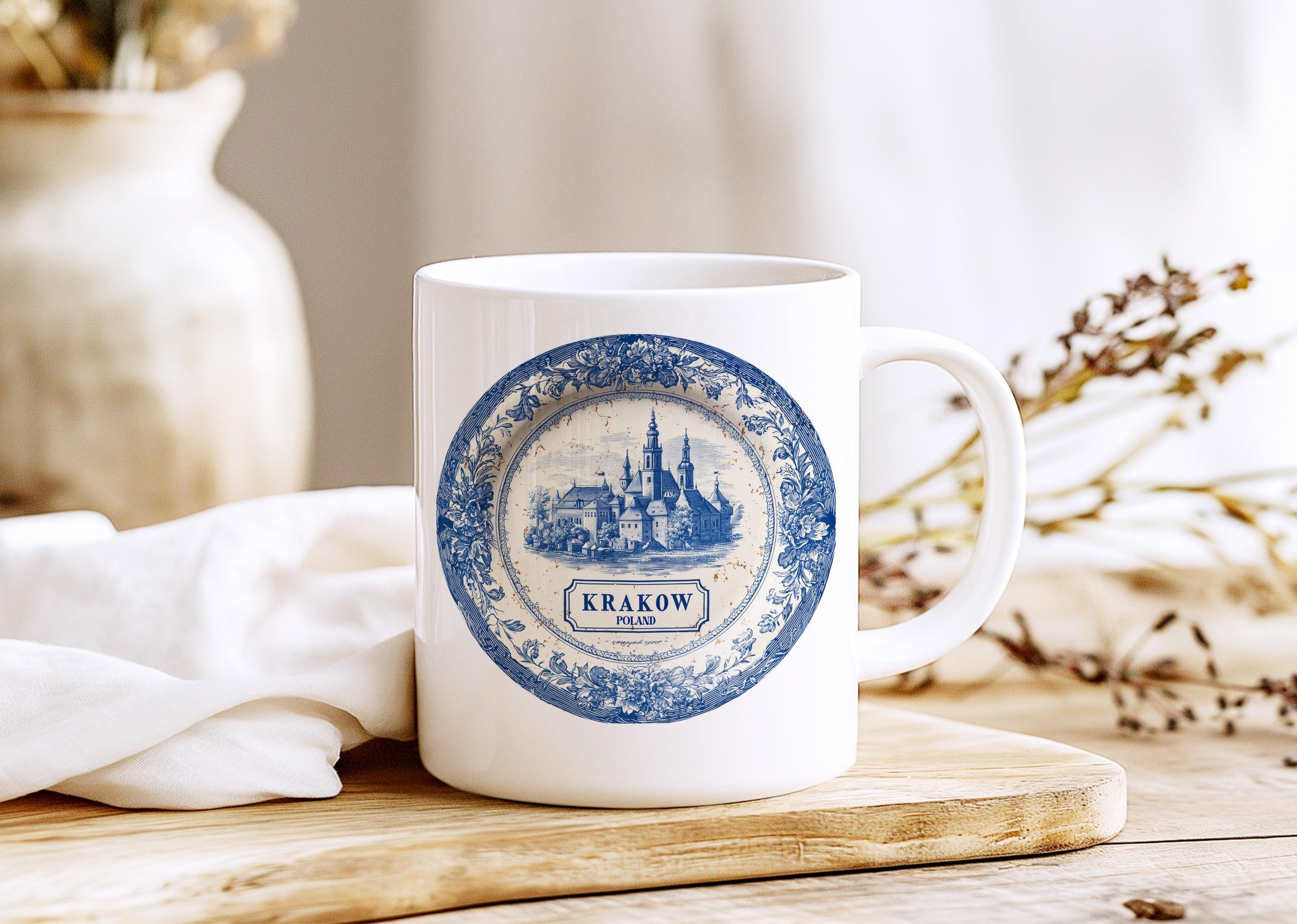 Krakow Poland Mug, Custom Delft Style cup, Personalized Vintage Travel City Gift