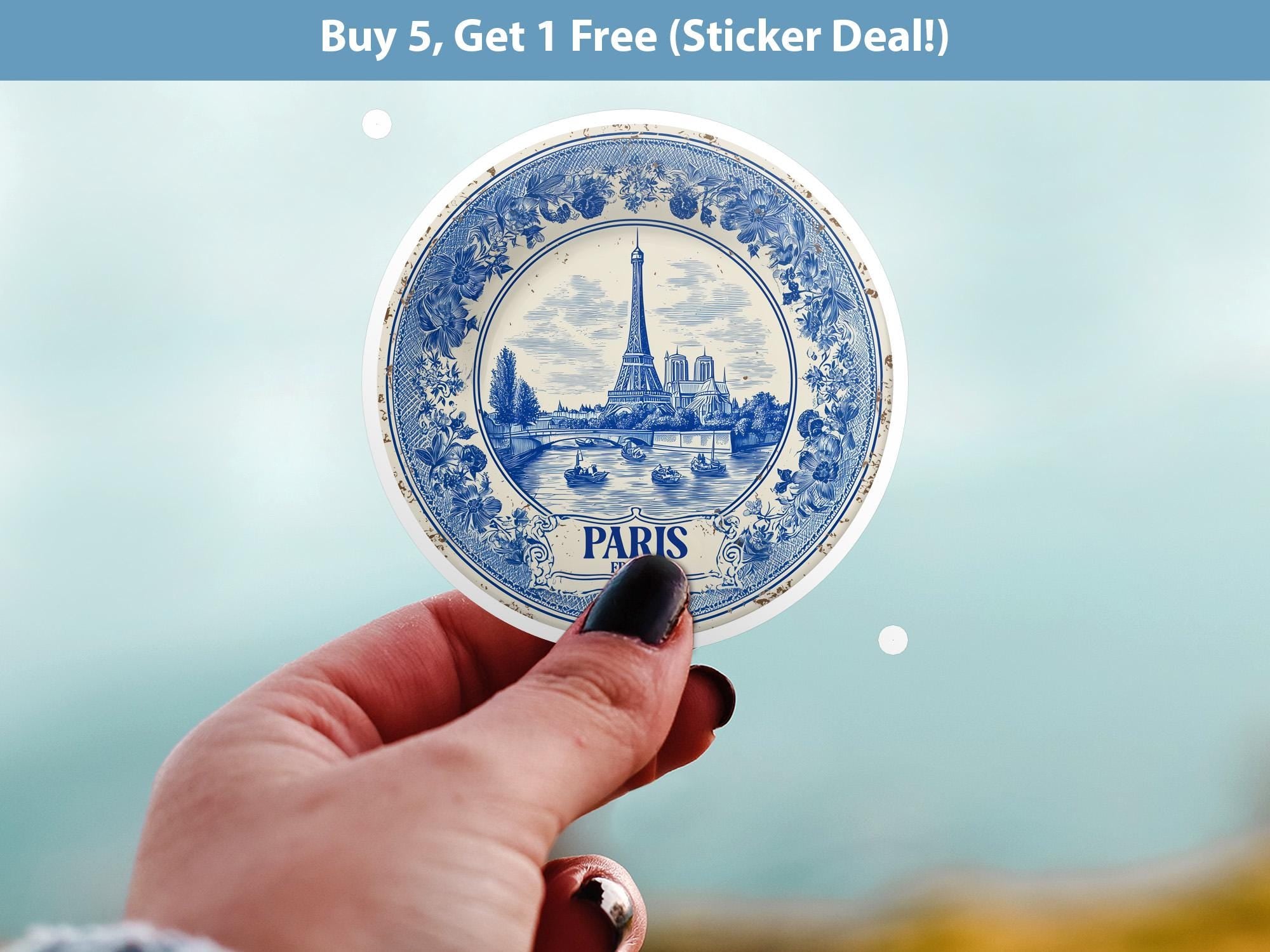 Paris France Sticker Vintage Delft style, Delftware Decal Waterproof Vinyl, Blue City Travel