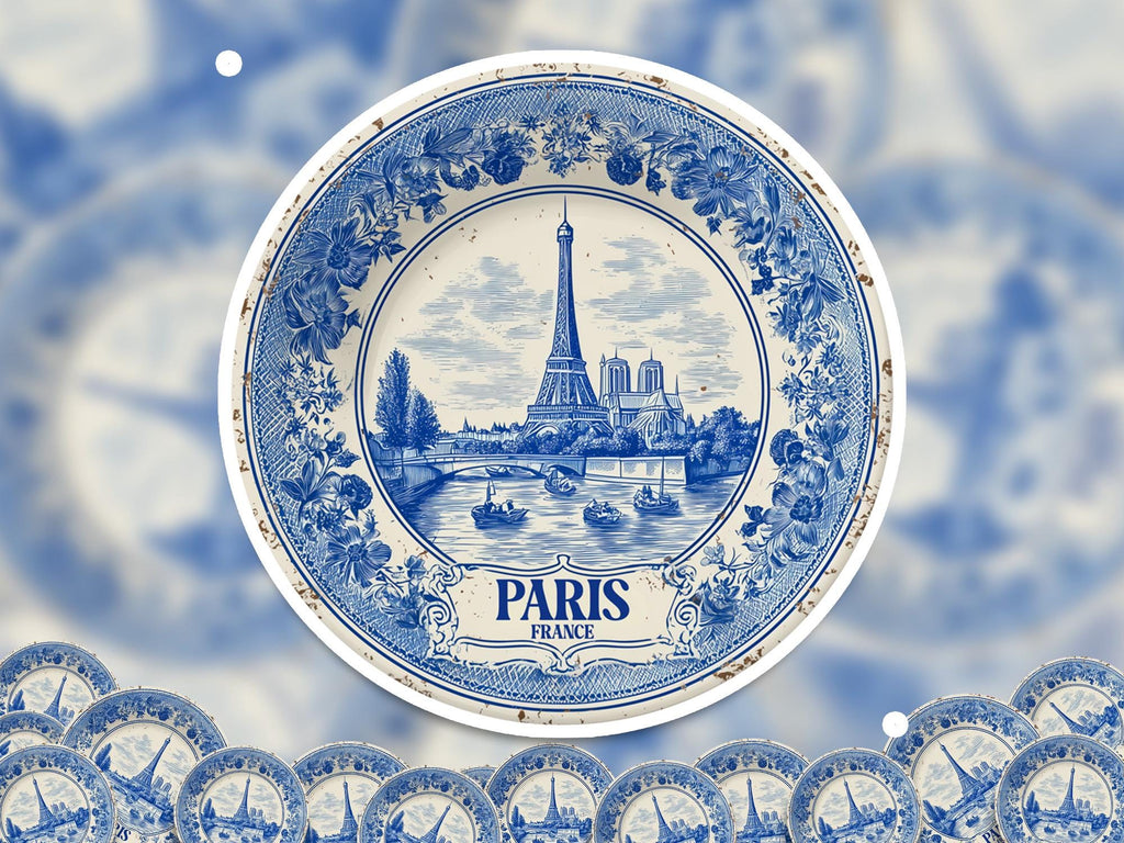 Paris France Sticker Vintage Delft style, Delftware Decal Waterproof Vinyl, Blue City Travel