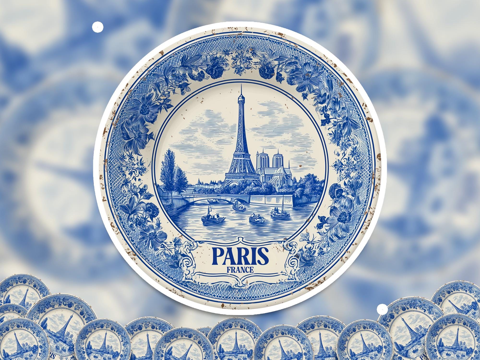 Paris France Sticker Vintage Delft style, Delftware Decal Waterproof Vinyl, Blue City Travel