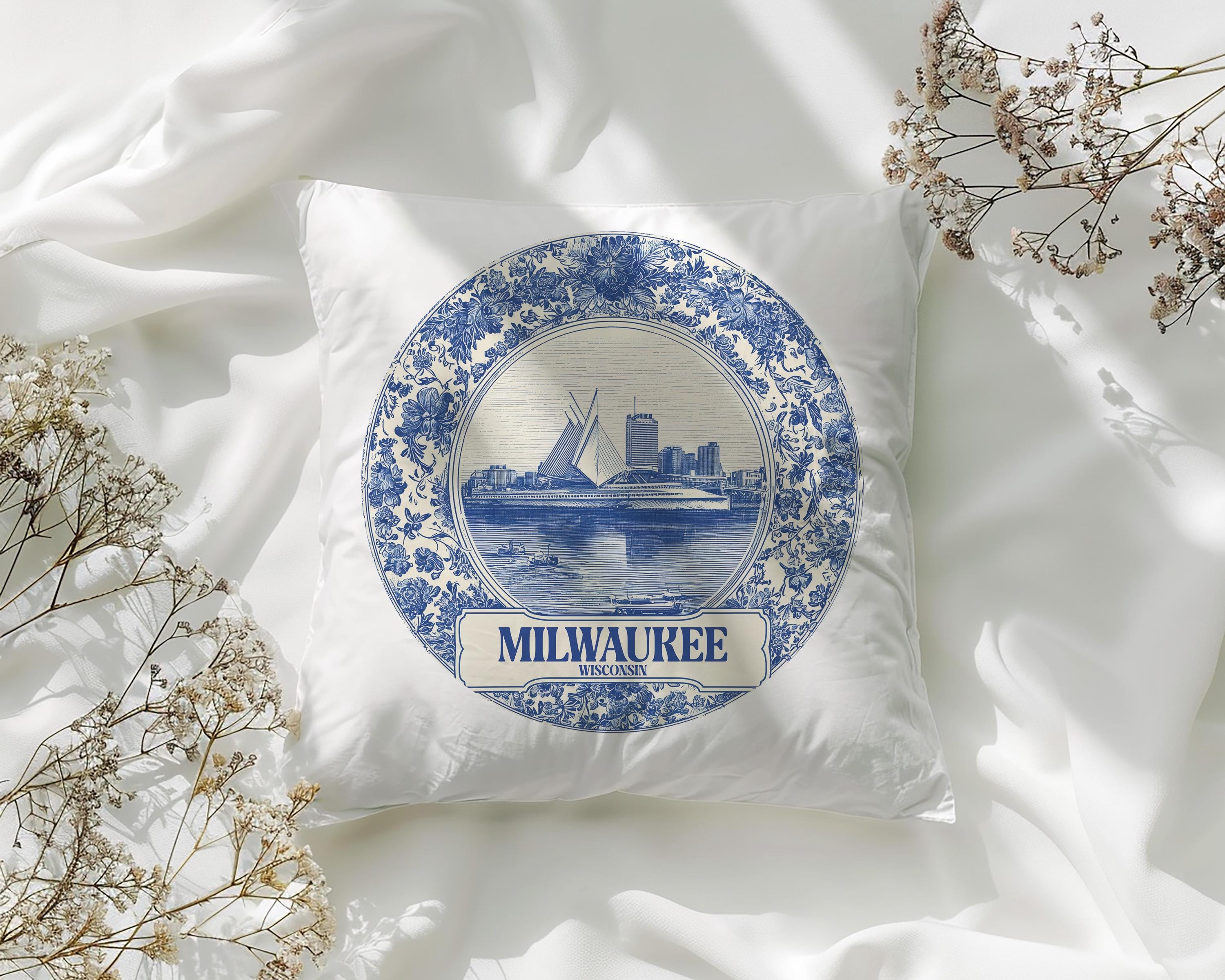 Milwaukee Wisconsin Pillowcase, Delft Style Decorative Throw Pillow, Vintage Cityscape Retro Home Decor