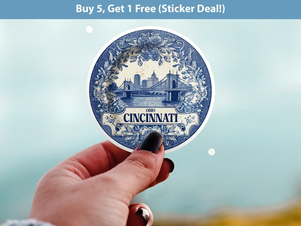 Cincinnati Ohio Sticker Vintage Delft style, Delftware Decal Waterproof Vinyl, Blue City Travel USA