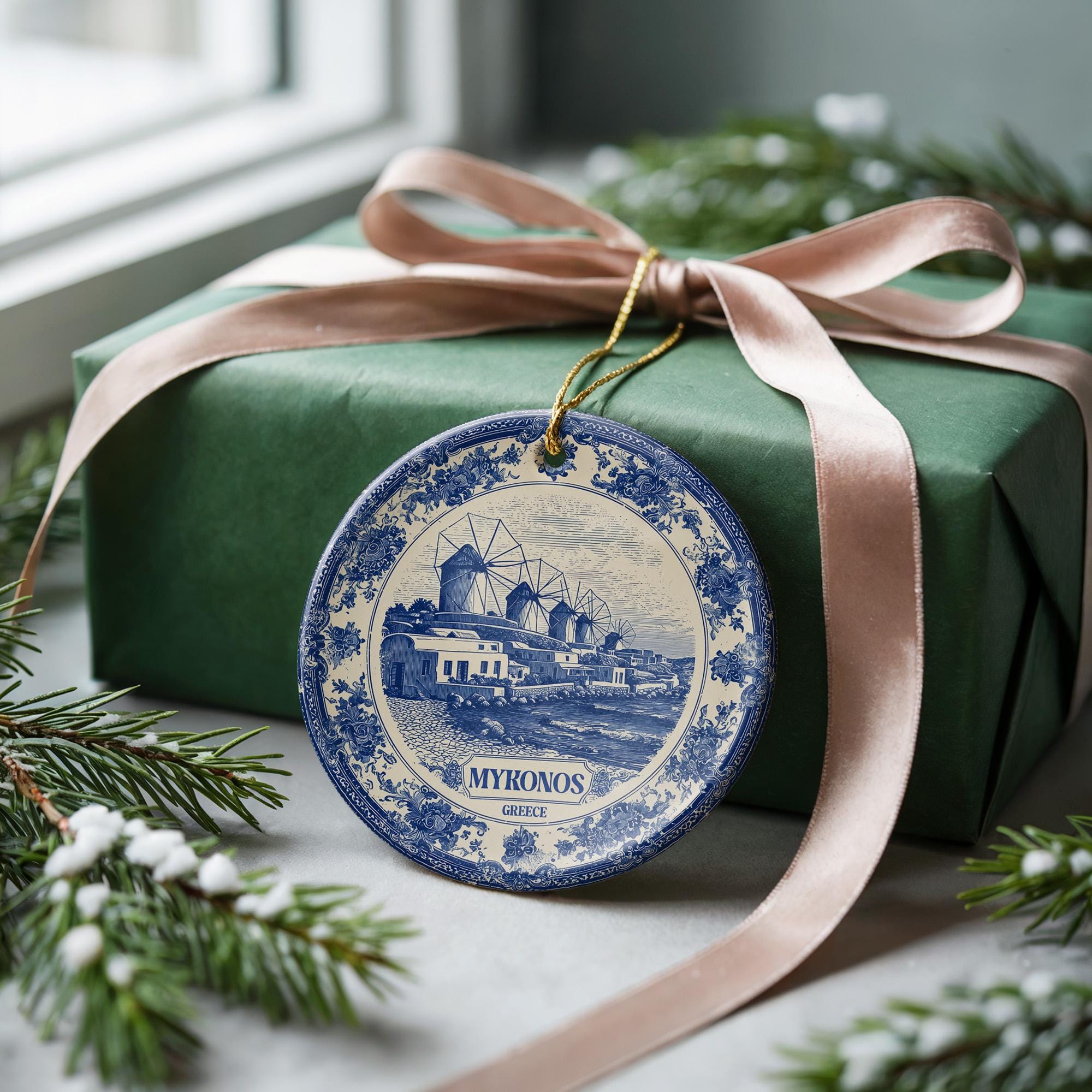 Custom Mykonos Greece Ceramic Delft Ornament, Christmas Delftware Blue Delftware city travel