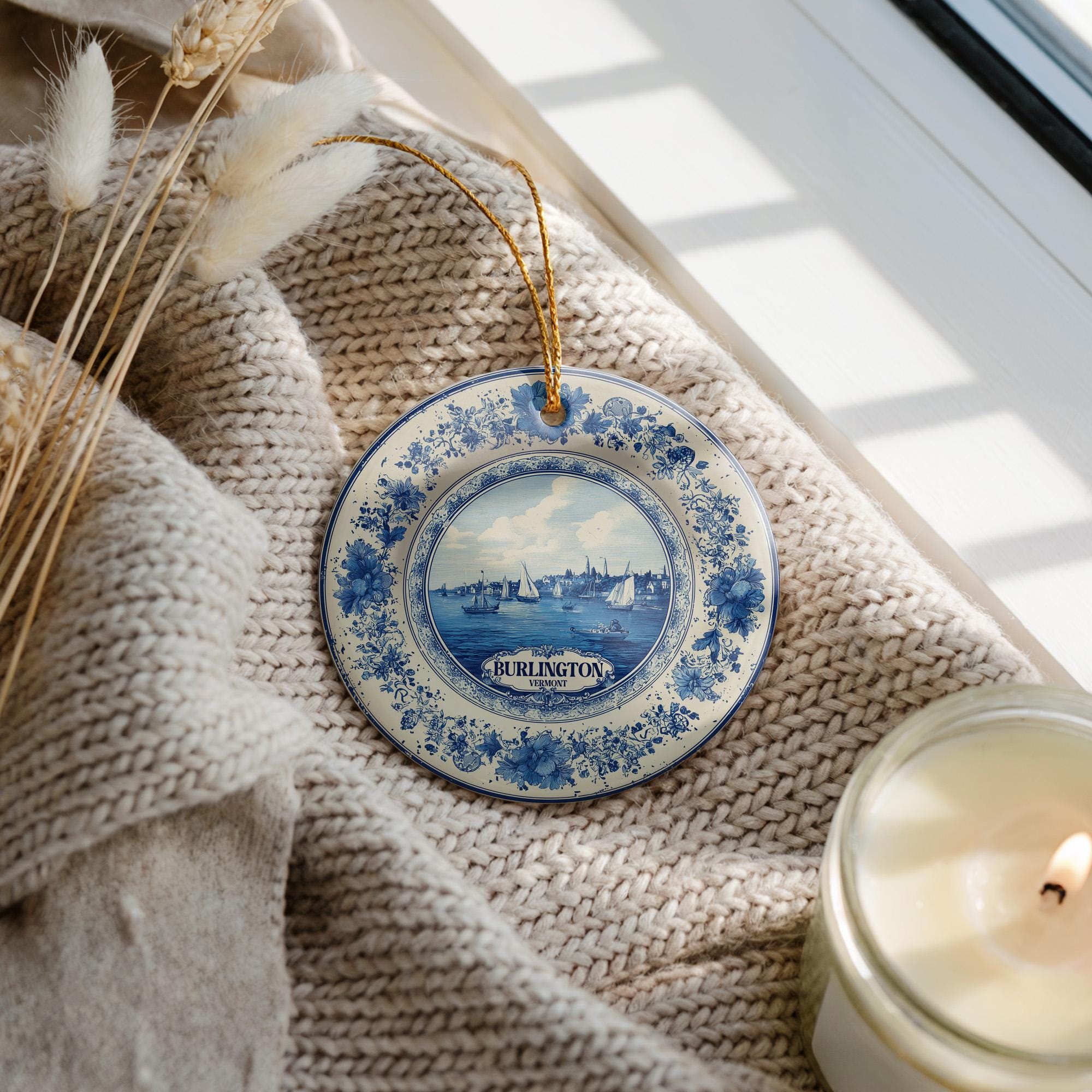 Custom Burlington Vermont Ceramic Delft Ornament, Christmas Delftware Blue Delftware city travel