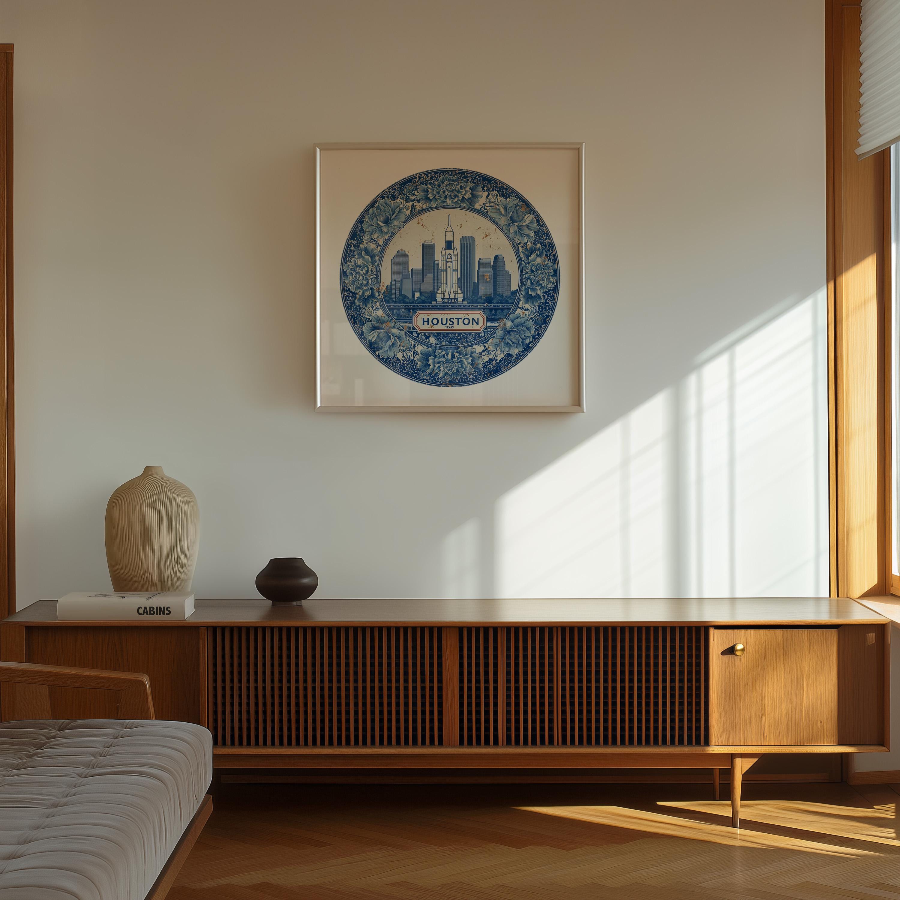 Houston Texas Wall Art, Vintage Delft Blue Poster, City Print, Travel Home Decor