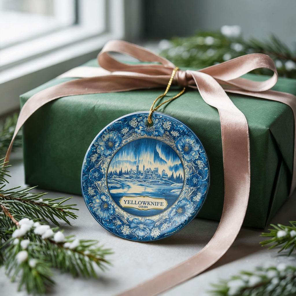 Custom Yellowknife Canada Ceramic Delft Ornament, Christmas Delftware Blue Delftware city travel