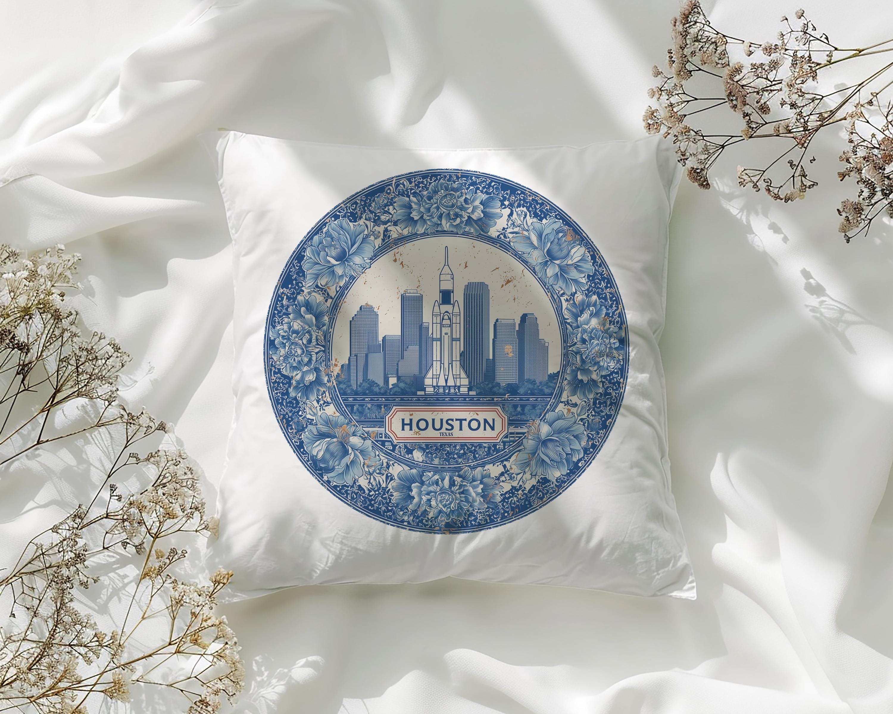 Houston Texas Pillowcase, Delft Style Decorative Throw Pillow, Vintage Cityscape Retro Home Decor